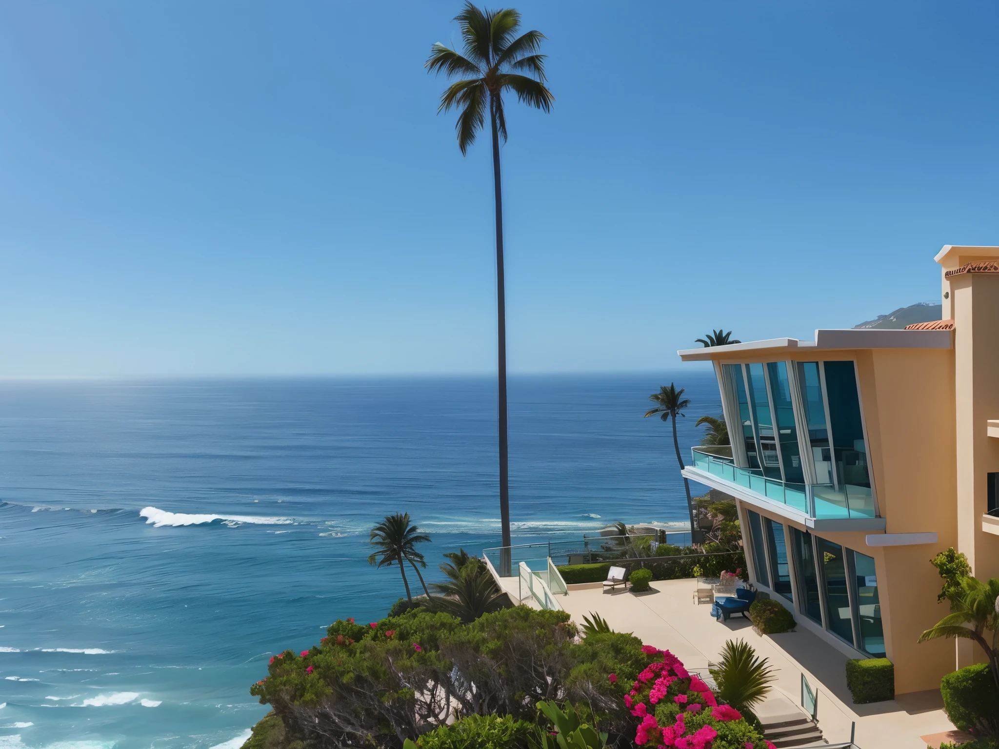 arafed view of a beach with a palm tree and a building, overlooking the ocean, ocean cliff view, view of the ocean, views to the ocean, southern california, ocean view, beachfront mansion, sweeping vista, vista view, overhead shot, stunning vista, overlooking the beach, overhead view, gorgeous view, view from above, above view, long view
