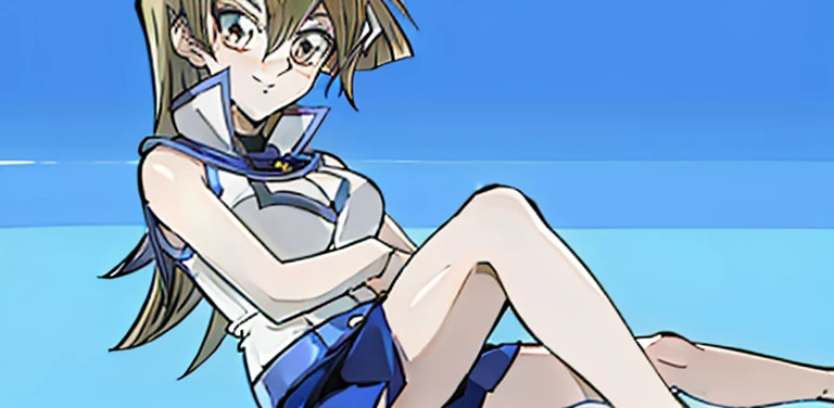 ultra detailed, full body, blue eyes, average bust, mini skirt, relaxed pose, expression, mischievous, mischievous smile, 
