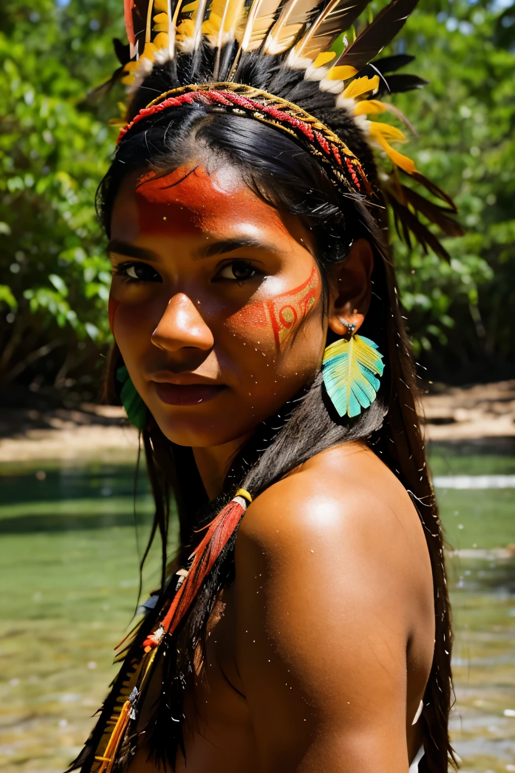 SFW. ((RAW photo, Best quality)), (Realistic, photo-realistic:1.4). A beautiful indigenous girl in native dress with feathers and feathers on her head, amazon indian peoples in brazil, beautiful young female brazilian Native girl, paint face, Hot Body, wet skin, Yanomami Indian in typical costumes,High quality. Amazonia forest and river Background, sunbeams. vivid colors, cinematic lighting.