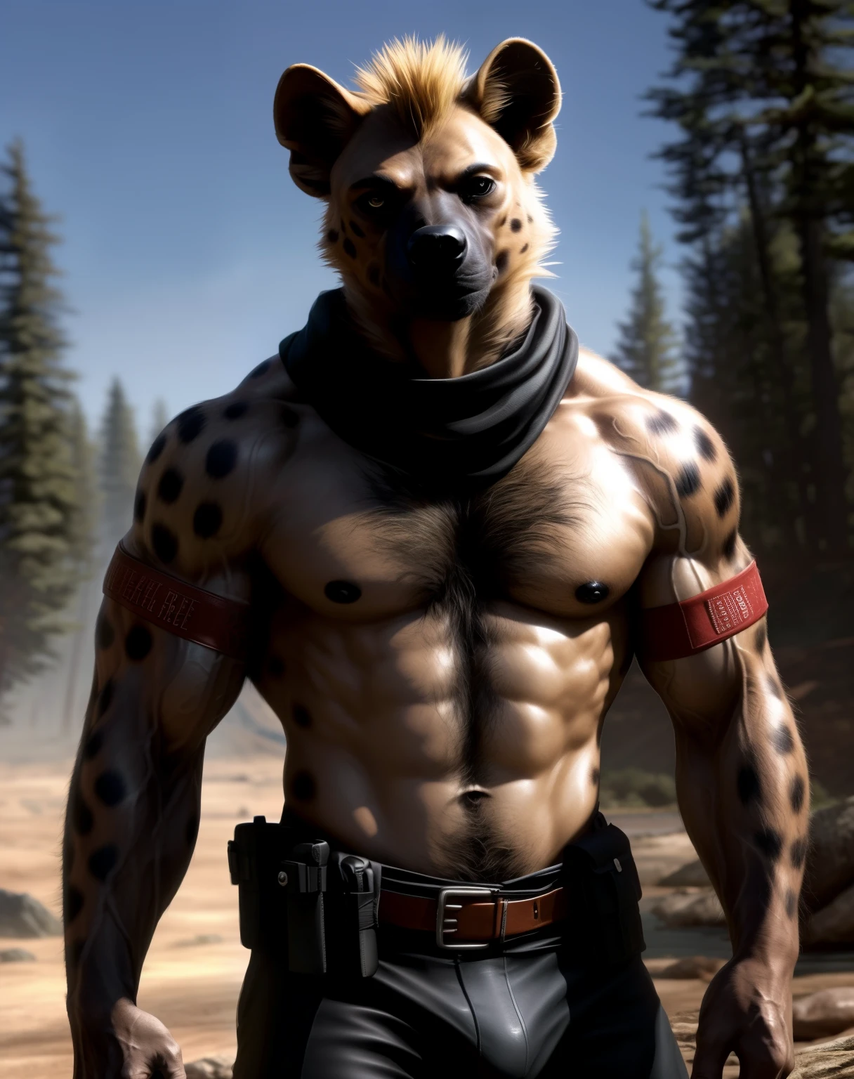 anthro, hyena, solo, male, adult, veiny muscles, very muscular, buffed body, beefy body, dark black pants, terrorist, serious look, small eye, furred body, furry chest hair, detailed background, wilderness background, clear weather, realistic, photorealistic, ultra realistic, 8k, bare-chested, red armband, black nipples, black eyes, tight crotch, shirtless, utility belt, glistening skin, tattoo on torso, black scarf,