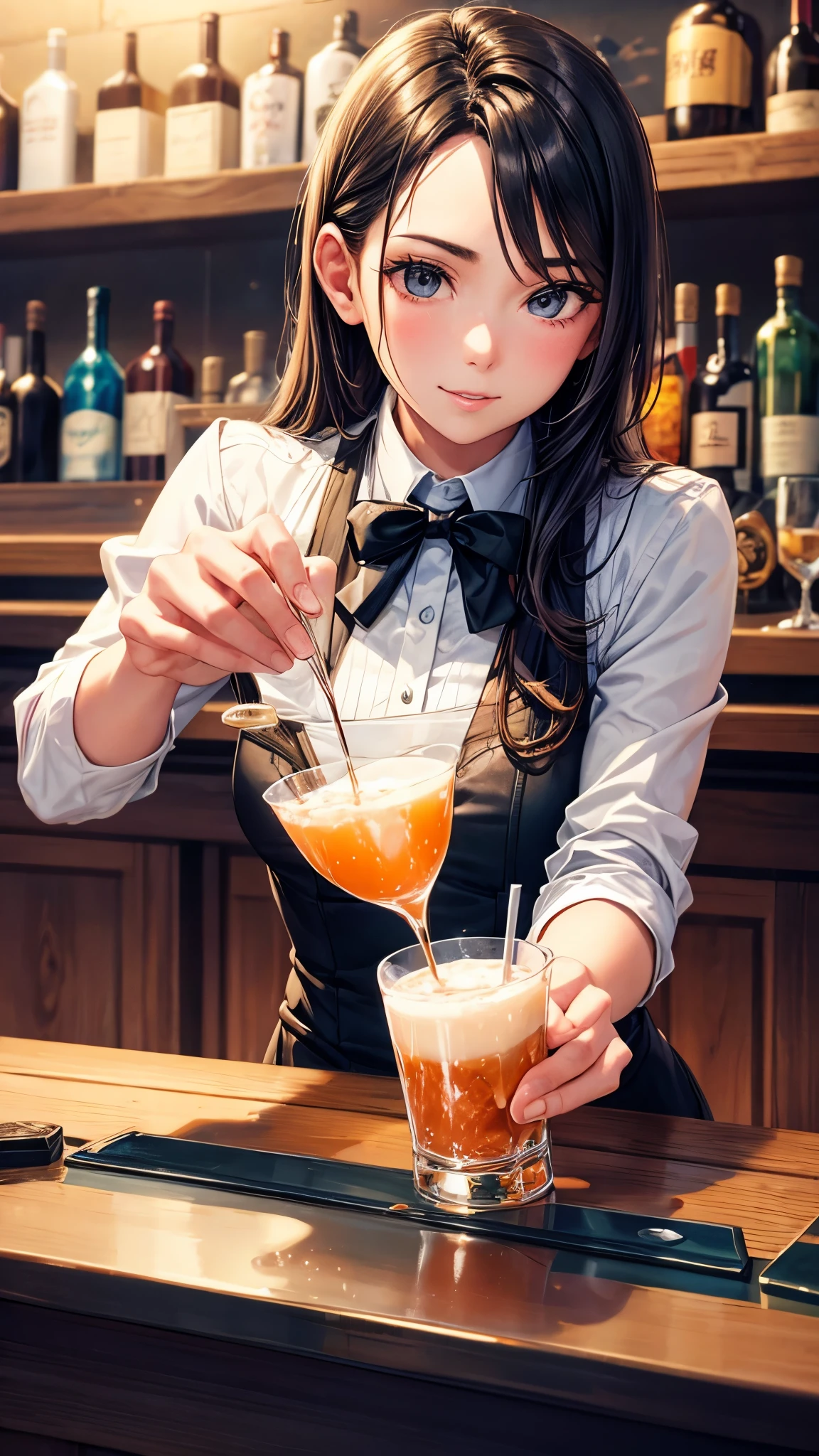 masterpiece, best quality, high quality, detailed, ultra detailed, hyper detailed, insanely detailed, exquisite, beautiful, FHD, Full-HD, 4K, 8K, 16K, highres, absurdres, bar, woman, interior photo, laughing, hair bun, brown hair, brown eyes, pale skin, beauty mark, in the bar, with a table, at night, chill atmosphere,A bartender's sister making drinks at a bar,cowboy shot