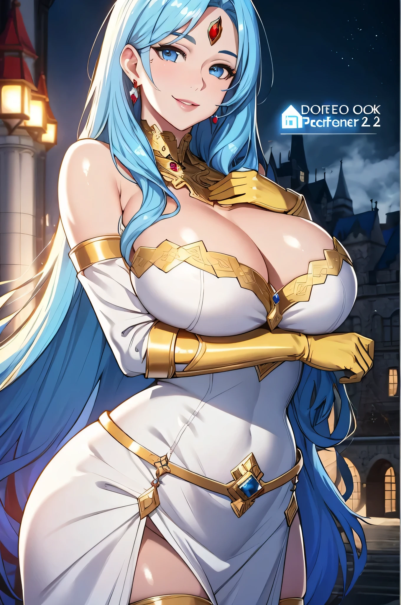 Lian, light blue hair, hair stick, bangs, blue eyes, solo, smiling, standing, upper body, hips, bare shoulders,purple thighhighs, white dress, gold jewelry,armor,gloves,circlet, cleavage, red and gold royal castle, gigantic breasts, (best quality, masterpiece, beautiful and aesthetic:1.2, highest detailed face, perfect face,)  eyes, perfect face,expressive eyes,
looking at viewer, in the center of the image,(Upper_body),(Focus on her face),
official art,extremely detailed CG unity 8k wallpaper, perfect lighting,Colorful, Bright_Front_face_Lighting,shiny skin, 
(masterpiece:1.0),(best_quality:1.0), ultra high res,4K,ultra-detailed
