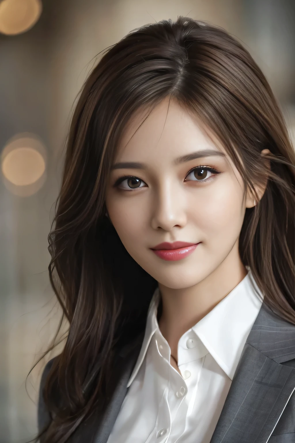table top, highest quality, realistic, Super detailed, finely, High resolution, 8k wallpaper, 1 beautiful woman,, light brown messy hair, wearing a business suit, sharp focus, perfect dynamic composition, beautiful and detailed eyes, thin hair, Detailed realistic skin texture, smile, close-up portrait, model body shape