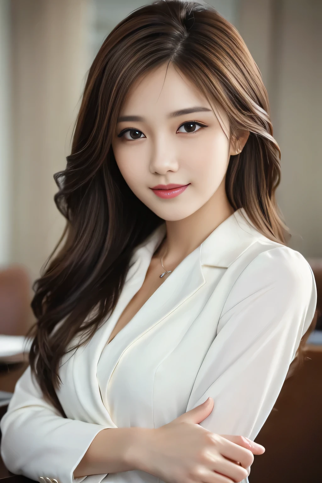 table top, highest quality, realistic, Super detailed, finely, High resolution, 8k wallpaper, 1 beautiful woman,, light brown messy hair, wearing a business suit, sharp focus, perfect dynamic composition, beautiful and detailed eyes, thin hair, Detailed realistic skin texture, smile, close-up portrait, model body shape