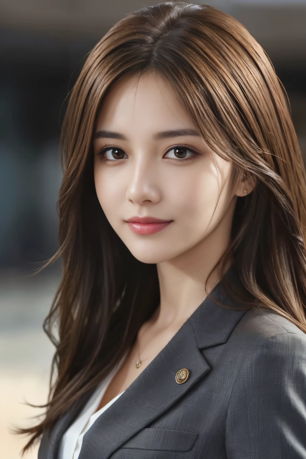 table top, highest quality, realistic, Super detailed, finely, High resolution, 8k wallpaper, 1 beautiful woman,, light brown messy hair, wearing a business suit, sharp focus, perfect dynamic composition, beautiful and detailed eyes, thin hair, Detailed realistic skin texture, smile, close-up portrait, model body shape