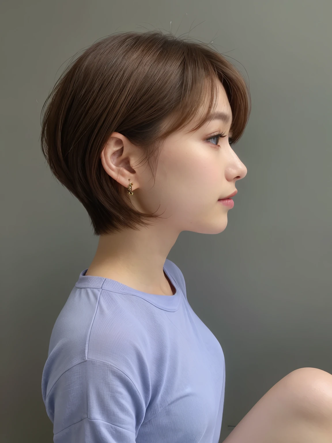 Taken in front of the white door、(8k、RAW photo、highest quality、masterpiece:1.2)、1 Japanese female、High-definition RAW color photo、professional photos、(realistic、フォトrealistic:1.37)、Photographed in natural light、1 girl、laughter、(Various poses)、squat、squat、break (ombre:1.3) 、spring clothes、 simple necklace、(long sleeve dress)、(Beautiful profile:1.3)、don't look at the camera、profile、shortcut、((brown hair)、short hair、Eye color dark brown、(Beautiful profile:1.3)、correct hand of human body、simple earrings