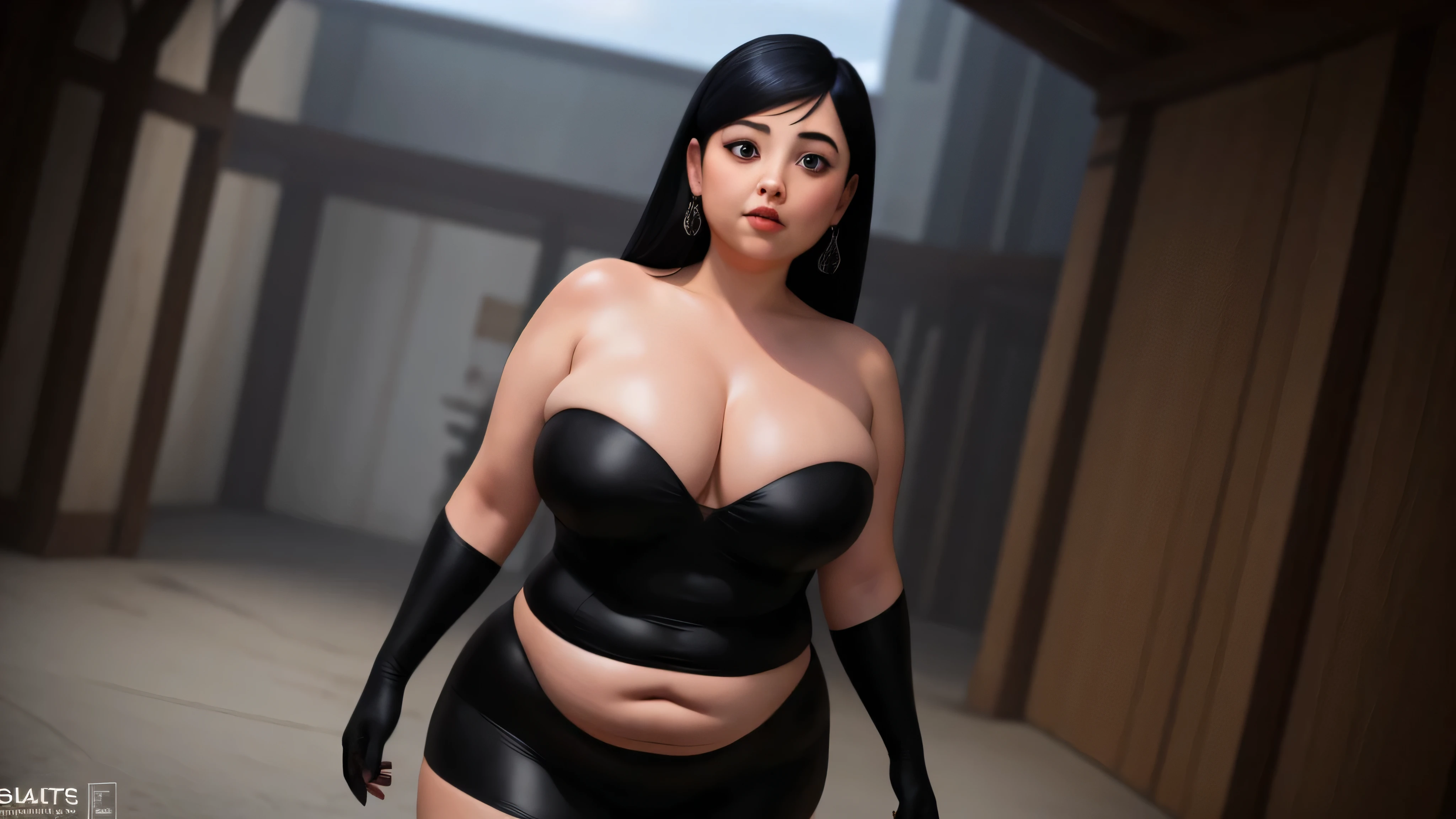 ((melhor qualidade)), ((obra de arte)), (detalhado), (detalhado face), (detalhado eyes), Foto de um Violet Parr, xyzvioleta, (brilho da pele:1.2), pale skin, Gothic, Seios grandes, Gothicic eyeliner, (vestindo um apertado, black strapless bodysuit showing cleavage, mostrando a barriga, (parado em Nova York), Disney animation, 32k UHD resolution, ponto de vista de perto, cinematic angle, Cinematic lighting, Stunning composition, hiperemocional, CRU, plano amplo, Brilhante, vibrante, anatomia perfeita, high resolution, Curvilínio, muito gorda, quadris largos, enorme, coxas grossas e macias, muito gordo flabby arms, Realistic lighting, alto detalhe, Rosto detalhado, sombreamento realista, rolos de gordura, tamanho enorme, seios gigantescos e enormes transbordando de gordura, decote enorme, pesado, mais tamanho, everything is fat, textura macia, lindos olhos grandes, semi-realista, dynamic angle, pattern clothes, muito gordo, Ssbbw, fat arms, muito gordo, immobile, 800 libras de peso, [Breastore gigante maior do que agora, e cada vez maior, queixo duplo, fat neck, barriga grande e pastosa, Chubby arms