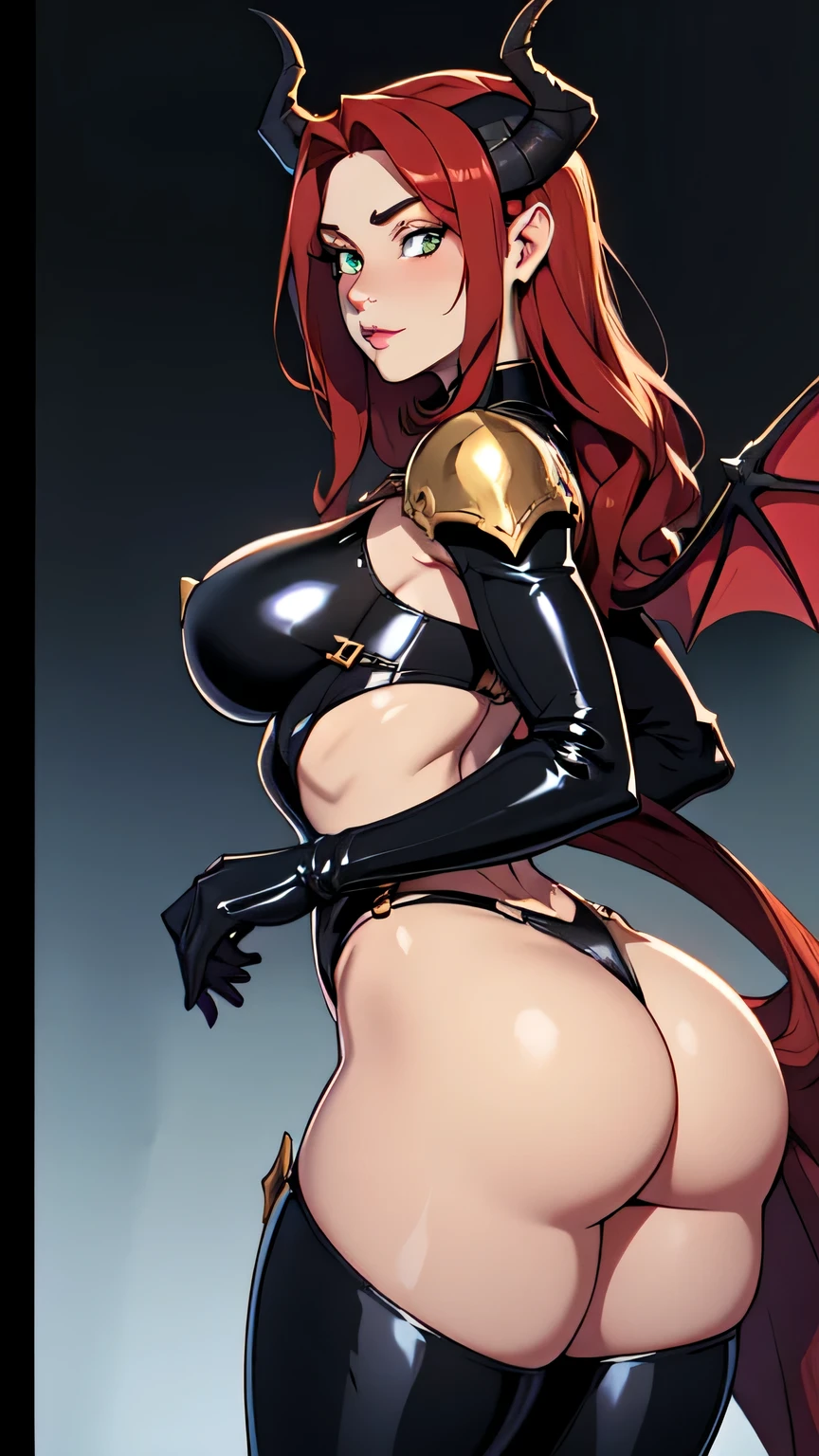 succubus clad in formfitting black latex uniform adorned with shiny gold accents, (large bat wings)+, (black curled horns)+, pointy tail, Her voluptuous hourglass figure((medium breasts:1.3))((thick ass:1.2)), heavy armored breastplate and matching thigh-high boots she wore, Long flowing crimson hair, ivory skin, emerald eyes, standing over viewer, low to eye level camera, front veiw, subject facing viewer