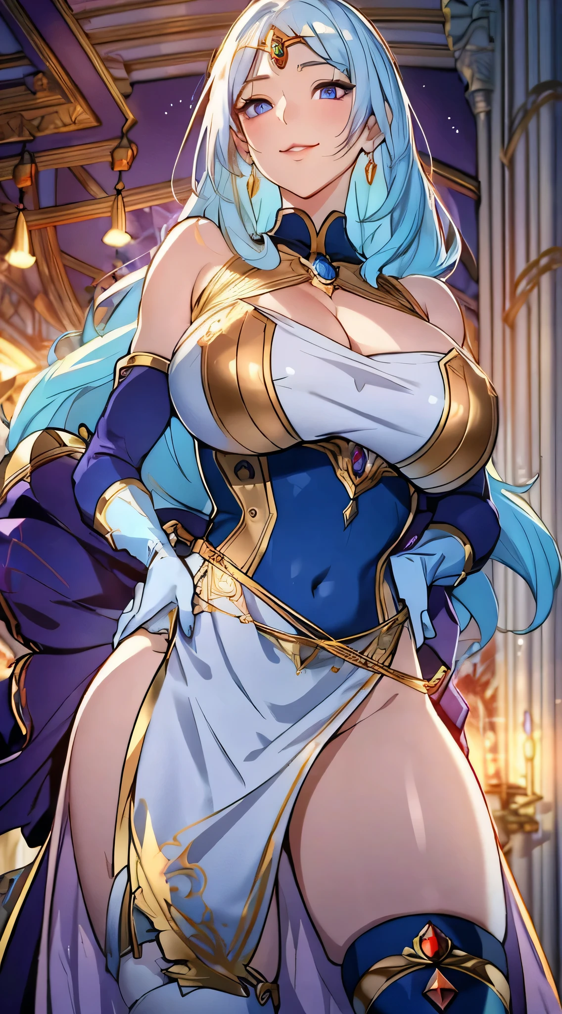 Lian, light blue hair, hair stick, bangs, blue eyes, solo, smiling, standing, upper body, hips, bare shoulders,purple thighhighs, white dress, gold jewelry,armor,gloves,circlet, cleavage, red and gold royal castle, gigantic breasts, (best quality, masterpiece, beautiful and aesthetic:1.2, highest detailed face, perfect face,)  eyes, perfect face,expressive eyes,
looking at viewer, in the center of the image,(Upper_body),(Focus on her face),
official art,extremely detailed CG unity 8k wallpaper, perfect lighting,Colorful, Bright_Front_face_Lighting,shiny skin, 
(masterpiece:1.0),(best_quality:1.0), ultra high res,4K,ultra-detailed
