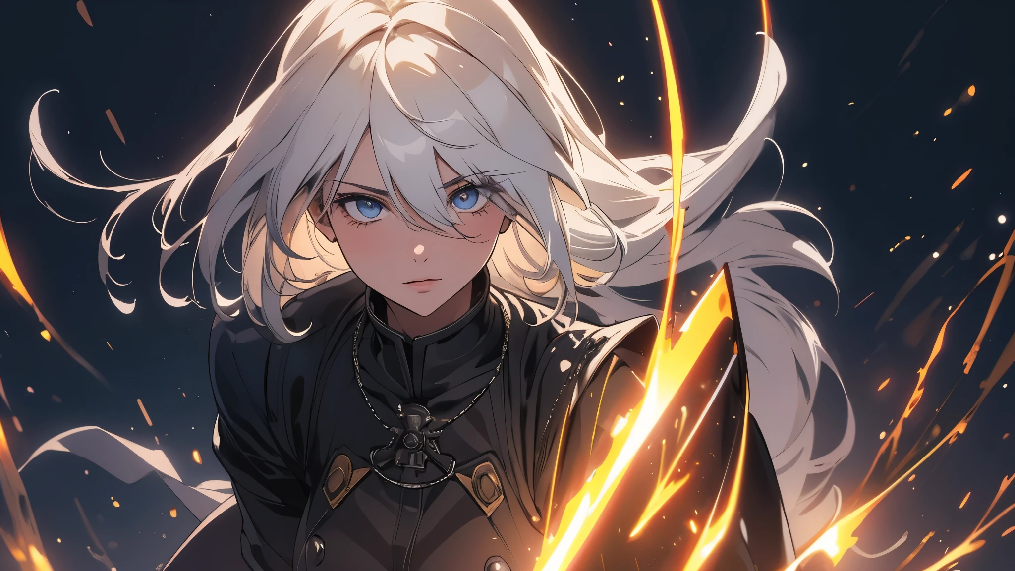 (extremely detailed CG unity 8k wallpaper), (masterpiece), (best quality), (ultra-detailed), (best illustration), (best shadow), (absurdres) ,(detailed eyes), 2b, 1girl, long hair, white hair, solo, Intimidating women, admiral uniform, night, hero pose, white clothes, General Uniform, Military Uniform, Sunlight, exposed to sunlight,commander, fighting pose, wearing cape, cyber city background