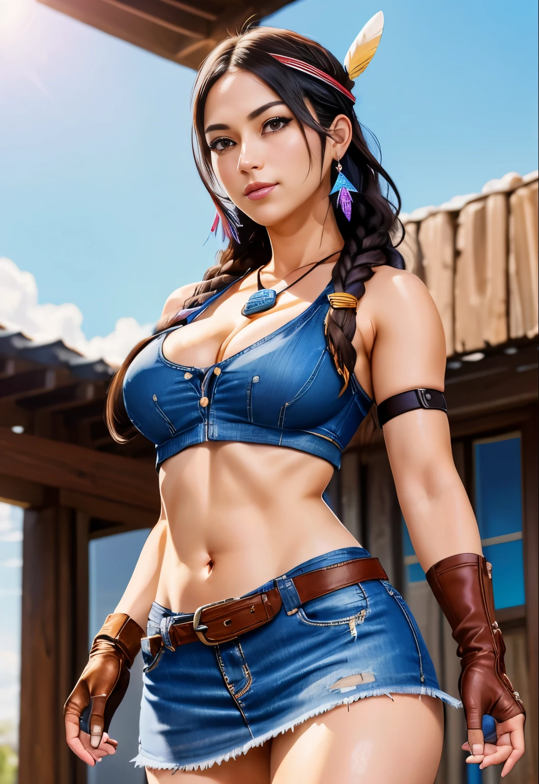 (photograph:1.3), high detail, Julia_Chang, 1 girl, job alone,show white , looking at the viewer, skirt, gloves, belly button,avage, blders, brown eyes, medium breasts, outdoors, Day, abdomen, belt, fingerless gloves, necklace, blurry, wood, crop top, blurry background, head band, Tank top, feather, denim, denim shorts, denim skirt, native american, dark red, gray, and black color, Bright colors, (summer, sunny weather:1.3), medium brightness lighting, (soft focus:1.3), (High praise, attractive, fascinating, exciting, nice, impressive:1.3), (surreal, sharp focus:1.3)