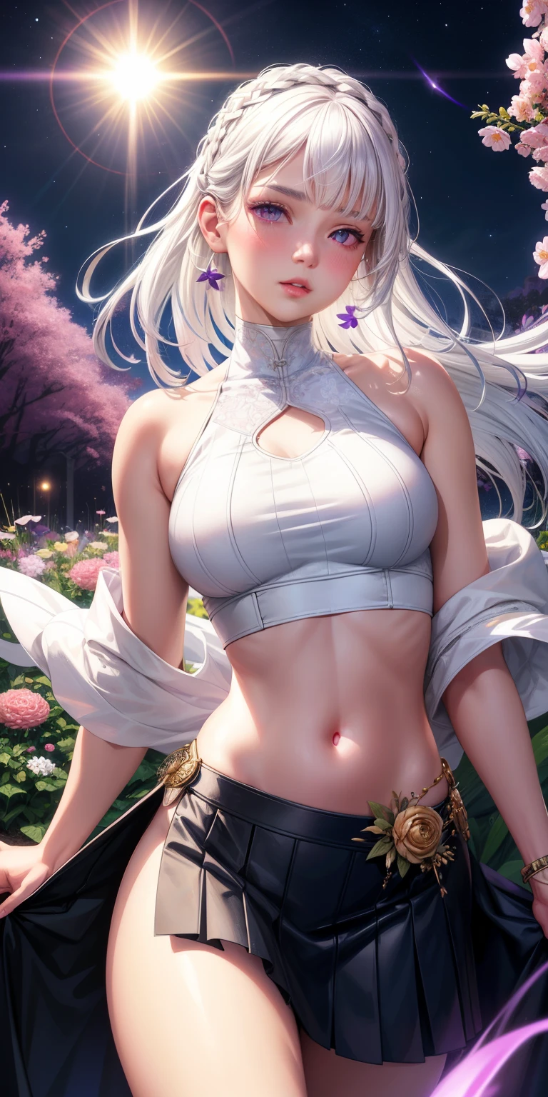 realistic, 1girl, white hair, purple eyes, glowing eyes, crop top, skirt, parted lips, blush, night, flowers, sun, sunlight,