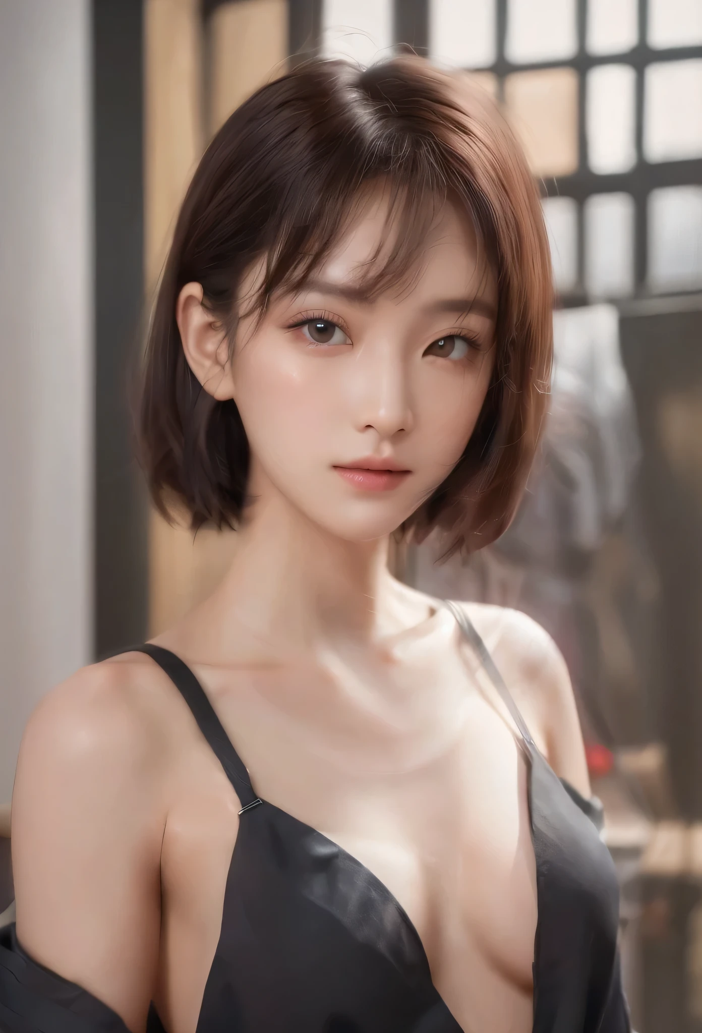 Mix 4,(8k, raw photos, best quality, Masterpiece:1.2), (realistic, Realistic photos:1.37),1 girl, professional lighting, Photon mapping, radio city, Physical rendering,, Gradient black hair, short curly hair, handsome, High quality images, high resolution, 1080p, (Clear face), (Detailed description of the face), (Detailed hand description), (Masterpiece), (beautiful CG), intense light and shadow, messy hair, Teacher&#39;s work, Lots of details, (good facial features), (High quality imagesสุด), (Masterpiece), (Detailed eyes), fine clavicle, She bent down and bent down to meet the eyes of the audience.