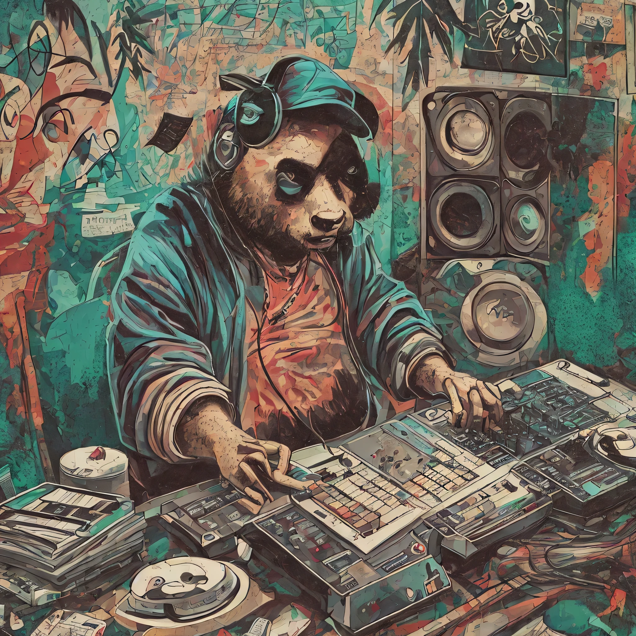 Panda produtor musical de hip hop estilo boom bap anos 90, usando roupa desgastada e velha no estilo hip hop anos 90 e fones de ouvido, Producing music on your MPC spends so much use, arte de alta qualidade, Hip Hop Lofi, Hip-hop, Chillhop, extremely high quality artwork, inspirado em Zhu Da, arte oficial, Arte HD, hip-hop, Artwork, HIP - HOP, akai mpc beatmaker, , Conjunto de DJ, artista peludo, DJ