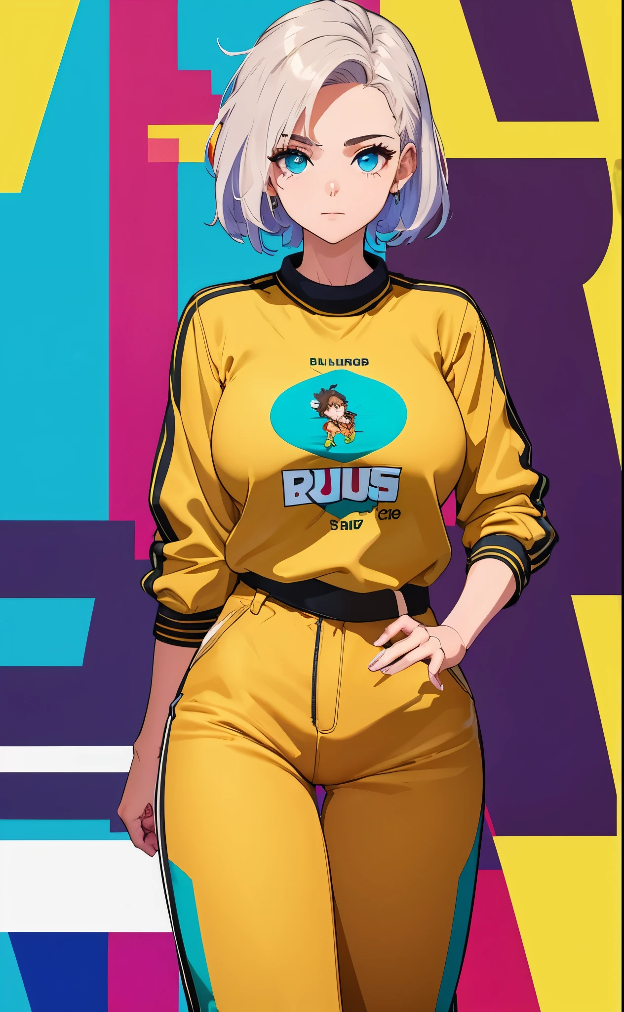 Mulher jovem de 20 anos, cabelos loiros, olhos azuis, rosto perfeito e detalhado, linda, usando uma blusa larga croppet preta, Beige Streetwear Pants, jaqueta colorida por cima do croppet, corpo perfeito, Standing character, dinamic pose, full view, melhor qualidade obra prima, riqueza de detalhes