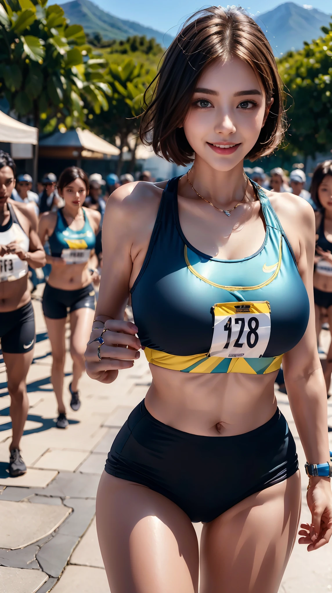 (8K、ultra high resolution、highest quality、masterpiece、realistic、ultra high resolution:1.2)、High-definition RAW color photo、professional photos、 (whole body:0.8)、(realistic、photo realistic、motion blur:1.2)、(Must have big breasts、pretty big breasts、Always hide all breasts、toned body:1.2)、((Always colorful and super shiny marathon runner uniform、Beautiful female marathon runner who always runs dynamically:1.3))(Bright colors、vivid lighting、scenic mountain area、Many spectators along the road、smooth running:1.2)(draw diagonally from below、natural skin texture、fine skin、hyper realism、intricate details、Depth of the bounds written、adult woman、(masterpiece、highest quality、high detail))、cute smile、Big eyes、Clear double eyelids、perfect face、small face、Helmet(look at the viewer、eye highlights、lip gloss、black short bob)