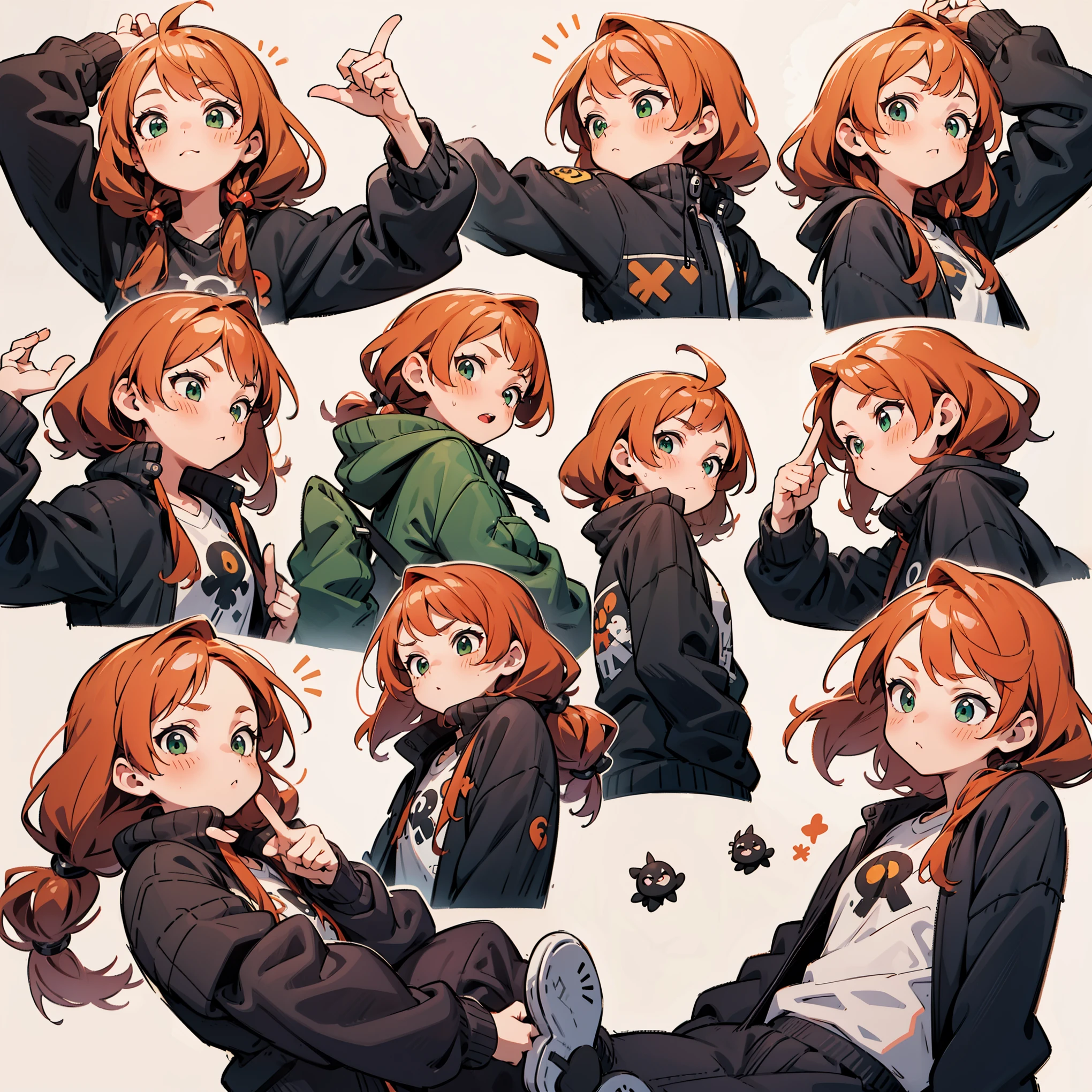 cute girl avatar pack, emoji pack, same girl, red-haired orange hair, green eyes, multiple poses and expressions, badass expression, white shirt, 4k, masterpiece, best quality, align arrangement