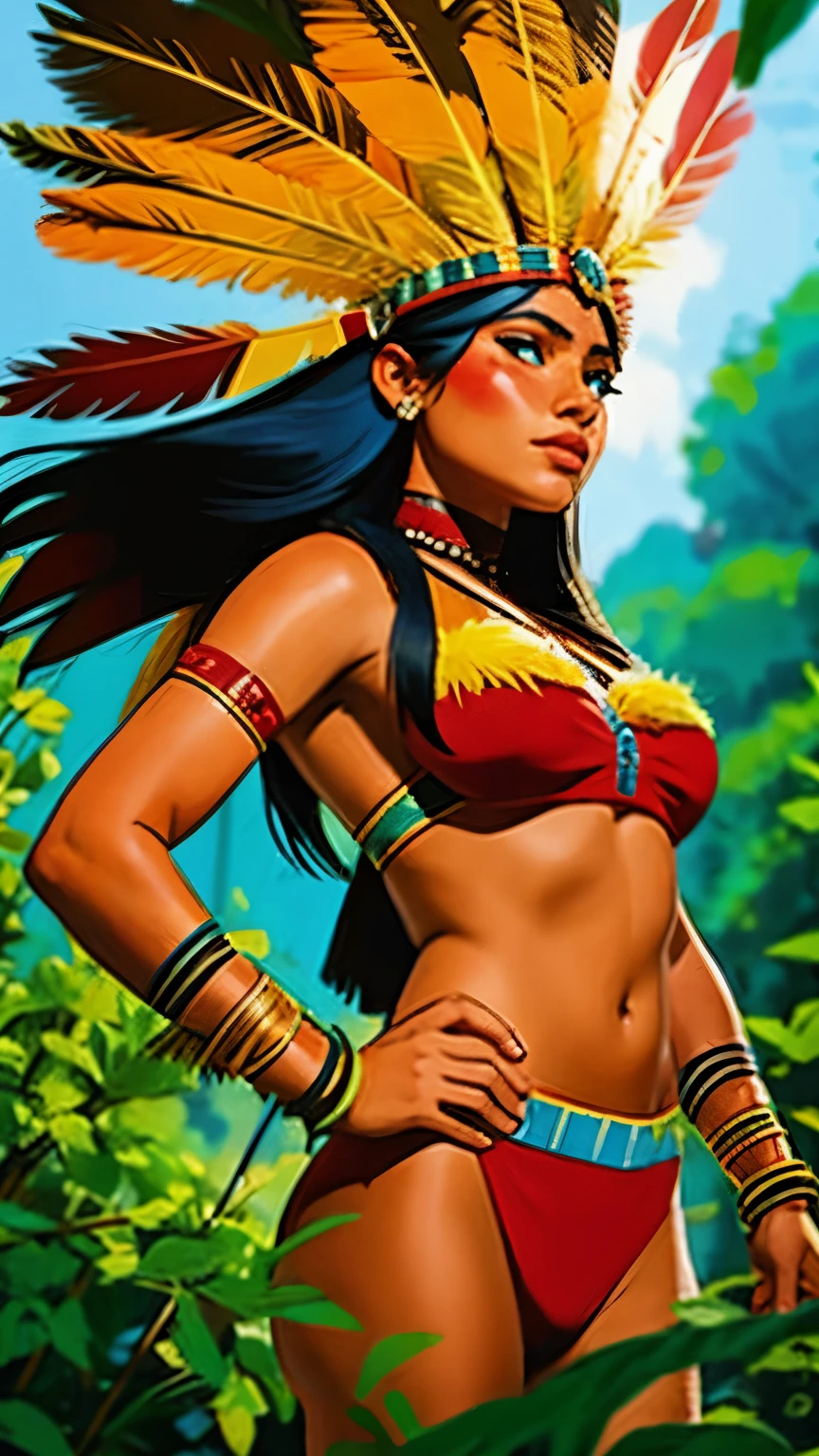 Comic art, digital paint. A beautiful indigenous girl in native superhero costume with feathers and feathers on her head, amazon indian peoples in brazil, beautiful young female brazilian Native girl, paint face, hot body, Yanomami Indian in typical costumes,High quality. Amazonia forest and river Background. vivid colors, cinematic lighting.