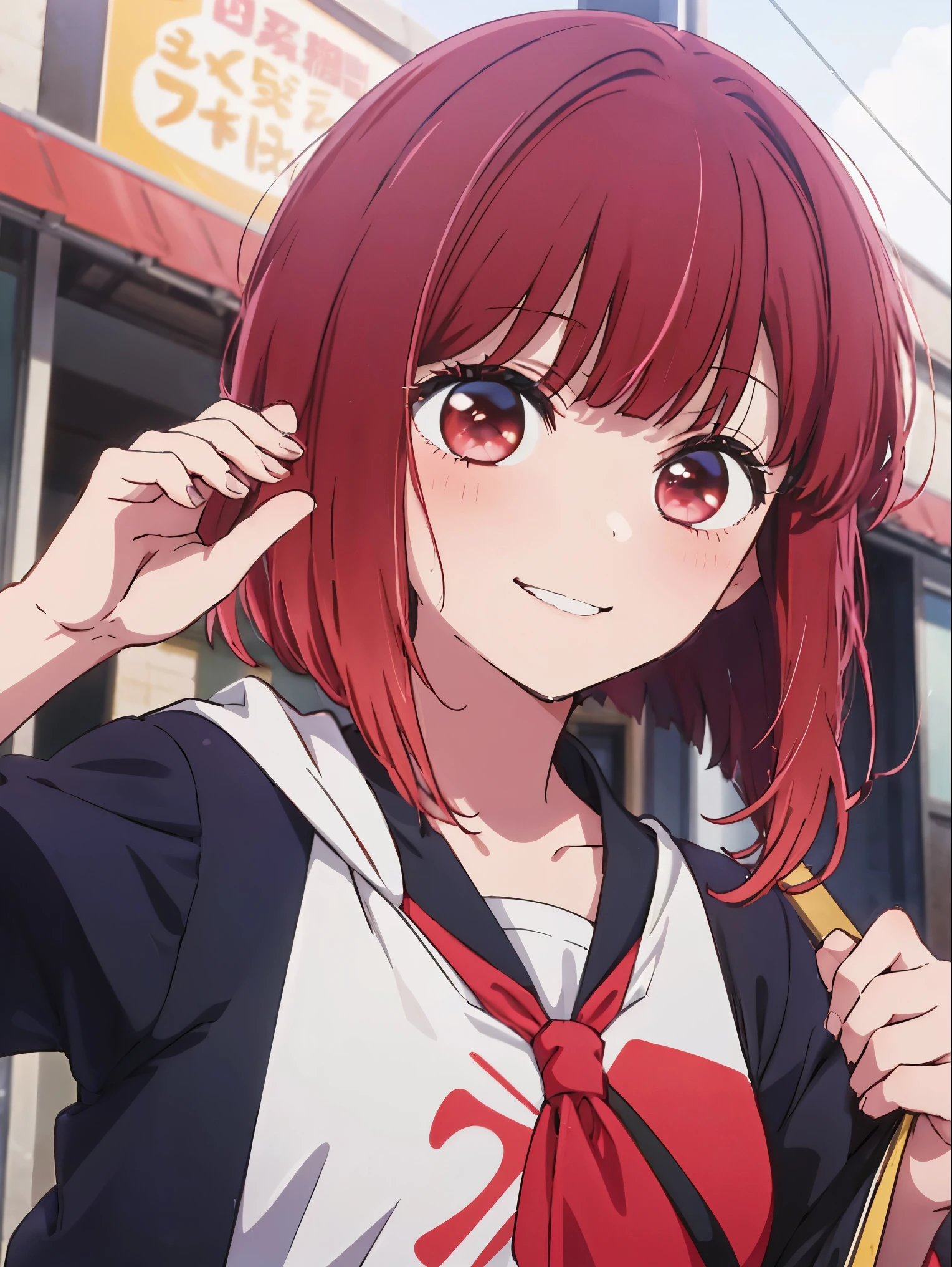 Red hair and red eyes, close-up Iwakura Lane, anime visuals of cute girls, anime best girl, anime girl named Lucy,  Iwakura Lane, anime moe art style,smile