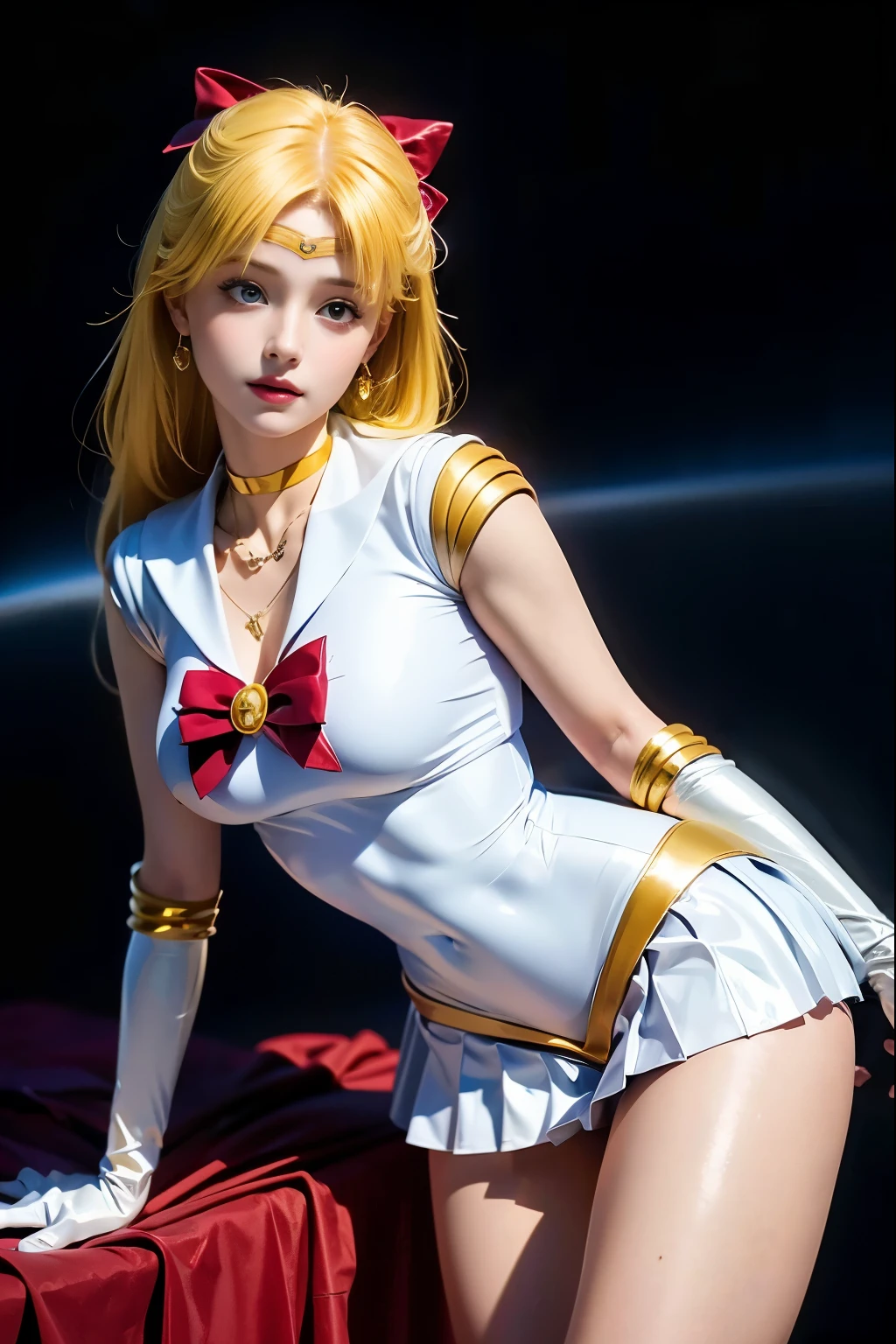 ((masterpiece:1.4)、(highest quality:1.4)、(realistic:1.7))、Masseter muscle part:1.4、beautiful girl、(sailor moon:1.4)、Tsukino Usagi、Body fit sexy sailor warrior uniform、(latex shiny)、(The jacket is a white sleeveless sailor uniform.)、(Skirt Blue Sexy Ultra Ultra Pleated Mini Skirt)、The collar of the sailor suit is blue with two thin lines..、high leg swimsuit、red cloth decoration on the chest、(wearing white gloves)、pretty girl、Super beautiful、sharp focus、portrait photography、(perfect female body:1.4)、perfect proportions、Upper body shot:1.4、beautiful face、beautiful eyes、tight waist、beautiful feet、(yellow hair:1.4)、spread legs、show white panties,(hair length:1.2)、beautiful breasts、big and full breasts:1.2、sexy ass、RAW photo、red lips、red high heels:1.4、choker:1.4、necklace:1.4、earrings:1.4、luxurious golden tiara:1.4、1 screen display、moon、cosmos、spaceship、space station、city of the future