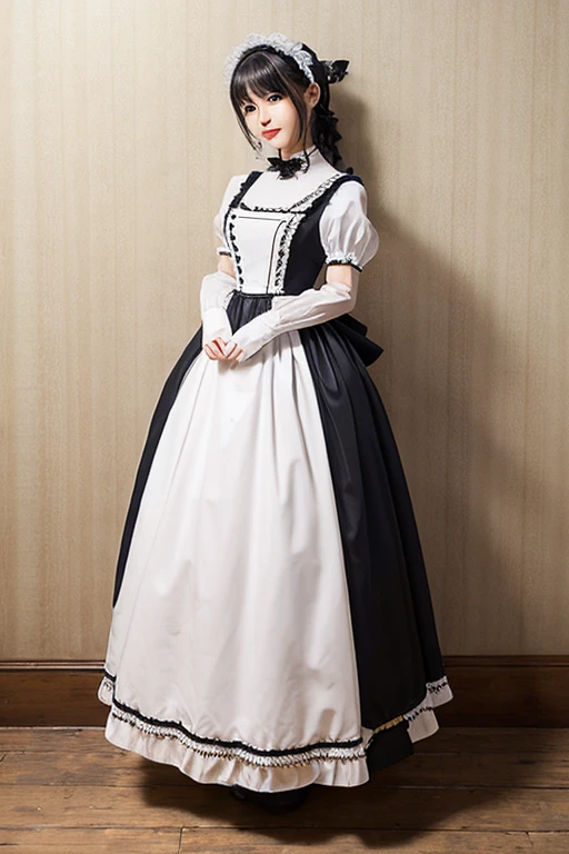 photo shoot、Photographed from the front、gothic maid、Japanese、beautiful woman、slender body shape、White prim、old-fashioned maid costume、upright、