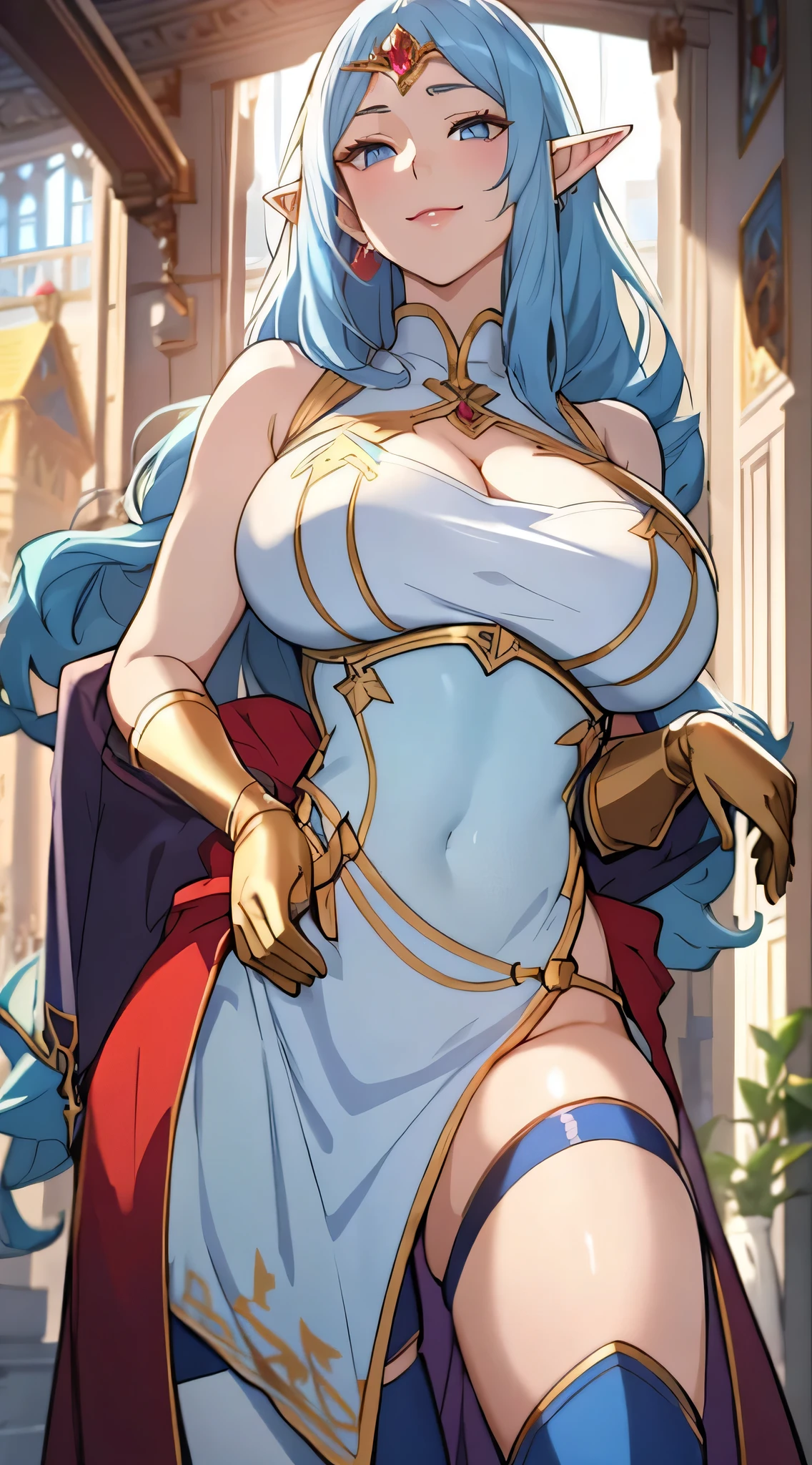 Lian, light blue hair, long elf ears, hair stick, bangs, blue eyes, solo, smiling, standing, upper body, hips, bare shoulders,purple thighhighs, white dress, gold jewelry,armor,gloves,circlet, cleavage, red and gold royal castle, gigantic breasts, (best quality, masterpiece, beautiful and aesthetic:1.2, highest detailed face, perfect face,) eyes, perfect face,expressive eyes,
looking at viewer, in the center of the image,(Upper_body),(Focus on her face),
official art,extremely detailed CG unity 8k wallpaper, perfect lighting,Colorful, Bright_Front_face_Lighting,shiny skin,
(masterpiece:1.0),(best_quality:1.0), ultra high res,4K,ultra-detailed