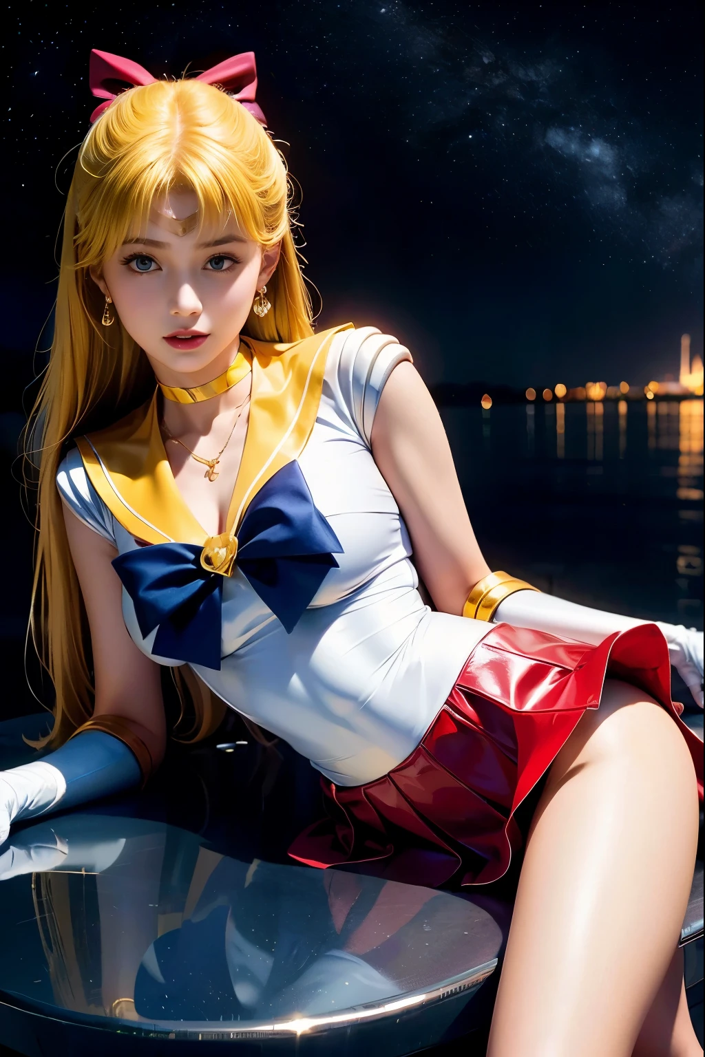 ((masterpiece:1.4)、(highest quality:1.4)、(realistic:1.7))、Masseter muscle part:1.4、beautiful girl、(sailor moon:1.4)、Tsukino Usagi、Body fit sexy sailor warrior uniform、(latex shiny)、(The jacket is a white sleeveless sailor uniform.)、(Skirt Blue Sexy Ultra Ultra Pleated Mini Skirt)、The collar of the sailor suit is blue with two thin lines..、high leg swimsuit、red cloth decoration on the chest、(wearing white gloves)、pretty girl、Super beautiful、sharp focus、portrait photography、(perfect female body:1.4)、perfect proportions、Upper body shot:1.4、beautiful face、beautiful eyes、tight waist、beautiful feet、(yellow hair:1.4)、spread legs、show white panties,(hair length:1.2)、beautiful breasts、big and full breasts:1.2、sexy ass、RAW photo、red lips、red high heels:1.4、choker:1.4、necklace:1.4、earrings:1.4、luxurious golden tiara:1.4、1 screen display、moon、cosmos、spaceship、space station、city of the future