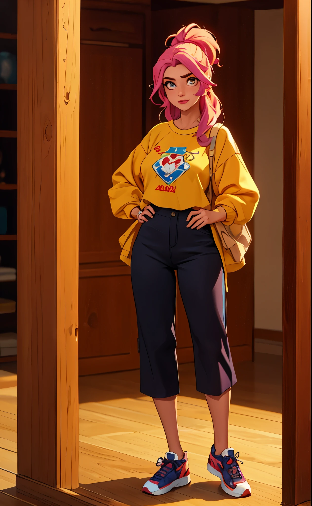 Mulher jovem de 20 anos, cabelos loiros, olhos azuis, rosto perfeito e detalhado, linda, usando uma blusa larga croppet preta, Beige Streetwear Pants, jaqueta colorida por cima do croppet, corpo perfeito, Standing character, dinamic pose, full view, melhor qualidade obra prima, riqueza de detalhes