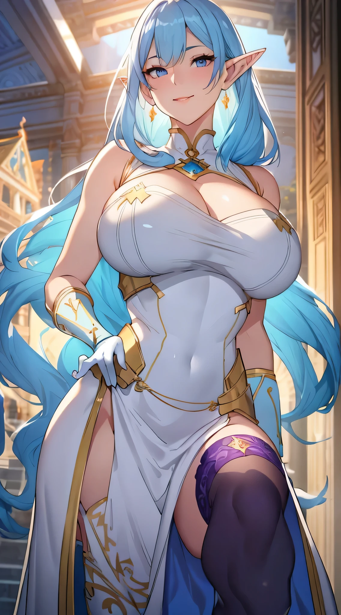 Lian, light blue hair, long elf ears, hair stick, bangs, blue eyes, solo, smiling, standing, upper body, hips, bare shoulders,purple thighhighs, white dress, gold jewelry,armor,gloves,circlet, cleavage, red and gold royal castle, gigantic breasts, (best quality, masterpiece, beautiful and aesthetic:1.2, highest detailed face, perfect face,) eyes, perfect face,expressive eyes,
looking at viewer, in the center of the image,(Upper_body),(Focus on her face),
official art,extremely detailed CG unity 8k wallpaper, perfect lighting,Colorful, Bright_Front_face_Lighting,shiny skin,
(masterpiece:1.0),(best_quality:1.0), ultra high res,4K,ultra-detailed