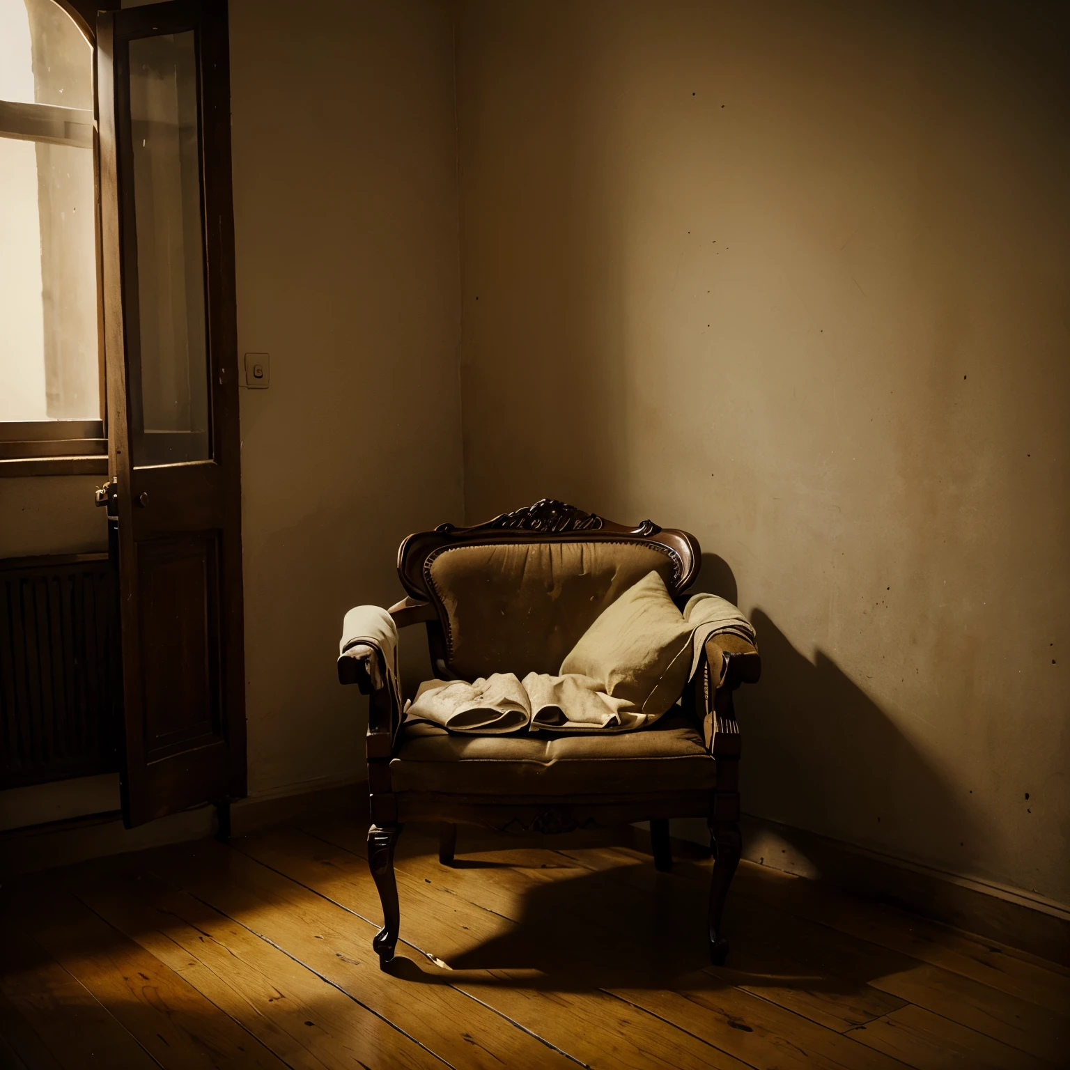 de dois anos, sitting on an antique chair and looking lonely in an empty room