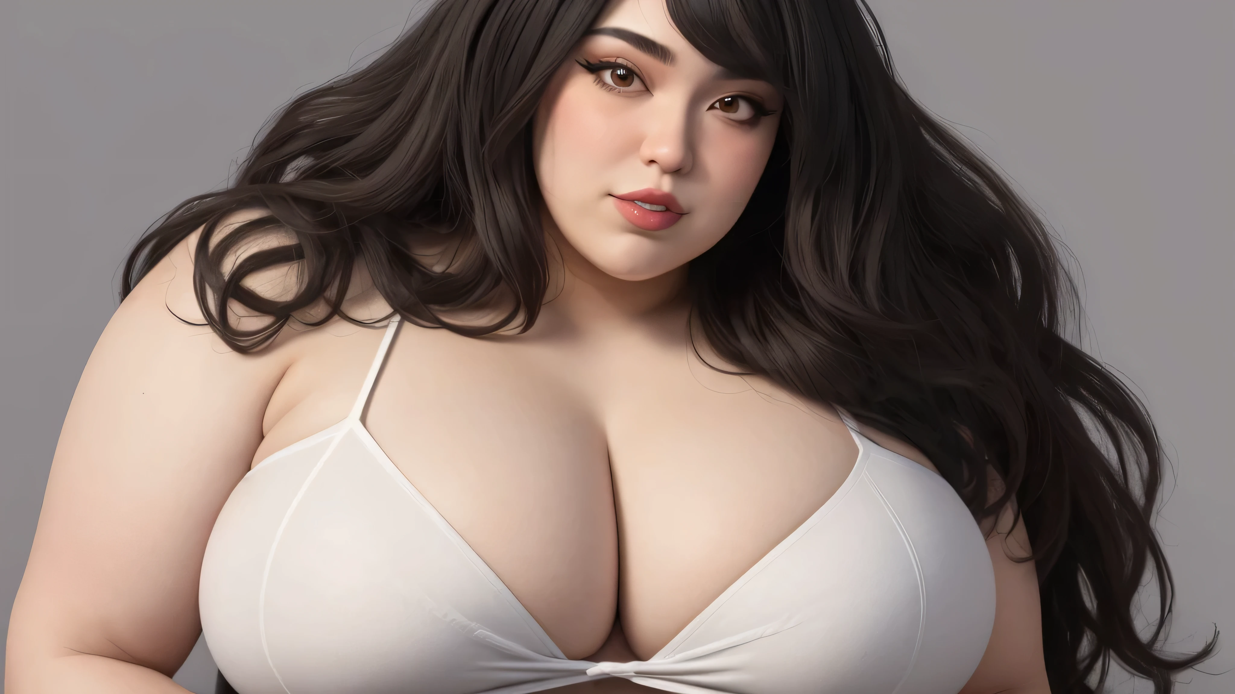 Mulher de 20 anos, bonitinho,
top branco, ombros nus,
cabelo preto, (fechar-se:0.8), Curvilínio, muito gorda, quadris largos, enorme, coxas grossas e macias, muito gordo flabby arms, Realistic lighting, alto detalhe, Rosto detalhado, sombreamento realista, rolos de gordura, tamanho enorme, seios gigantescos e enormes transbordando de gordura, decote enorme, pesado, mais tamanho, everything is fat, textura macia, lindos olhos grandes, semi-realista, dynamic angle, pattern clothes, muito gordo, Ssbbw, fat arms, muito gordo, immobile, 800 libras de peso, [Breastore gigante maior do que agora, e cada vez maior, queixo duplo, fat neck, barriga grande e pastosa, Chubby arms