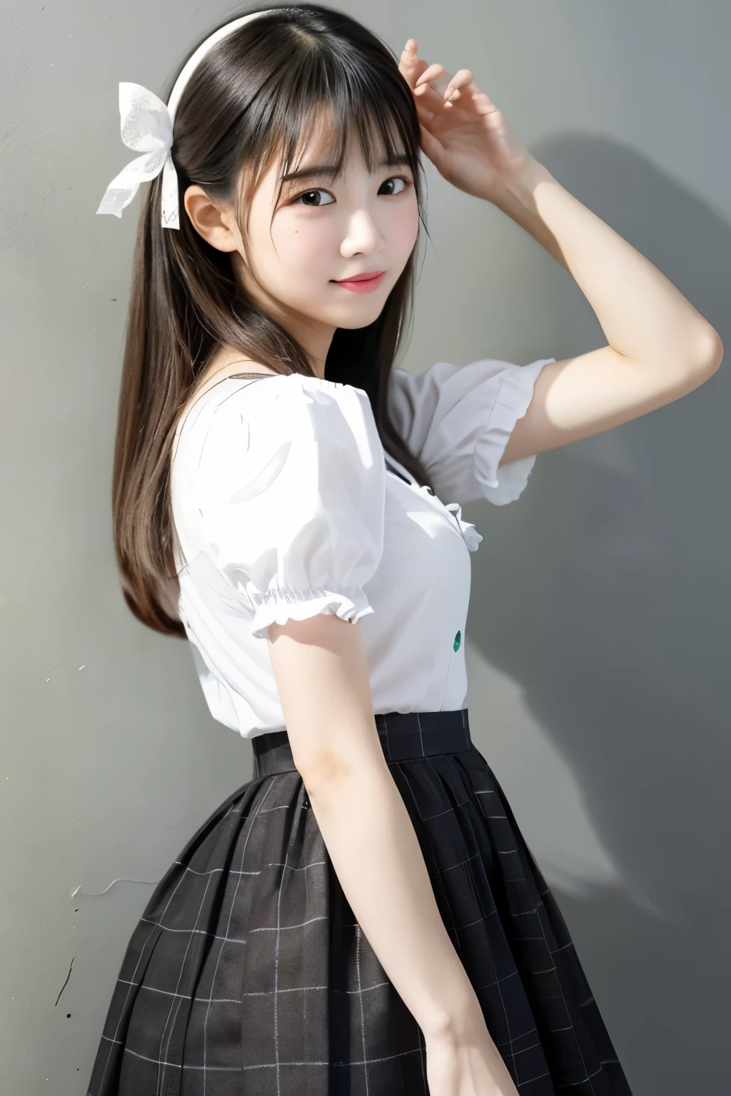 Master quality, highest quality, best picture quality, exaggerated details, a cute 8 year old asian little girl with a shy expression, slightly squinted eyes, adjusting her hair, long eyelashes (long hair / very, very exaggerated big breasts / wearing a gorgeous Lolita skirt) at night, in the hallway, posing for the camera