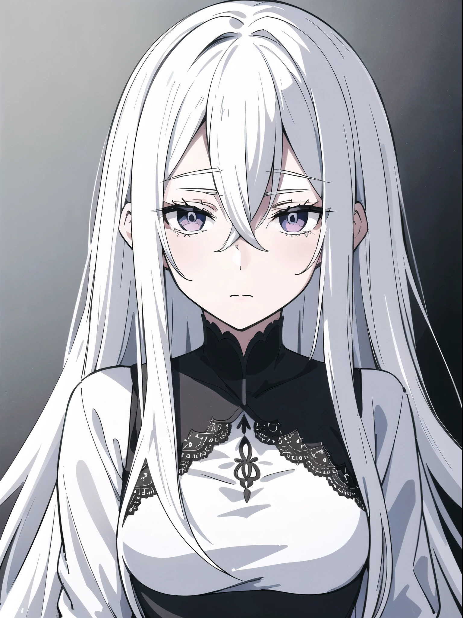 ((White hair)),((Head and Shoulders Image)),Sexy,A person,Alone,Simple style,pancake ,Simple details,Black background,Empty background,Black background wall,(20 year old woman),(Droopy hair),(White Gloves),(Evening Gown),(Lace Shirt),Lace,(confidence)