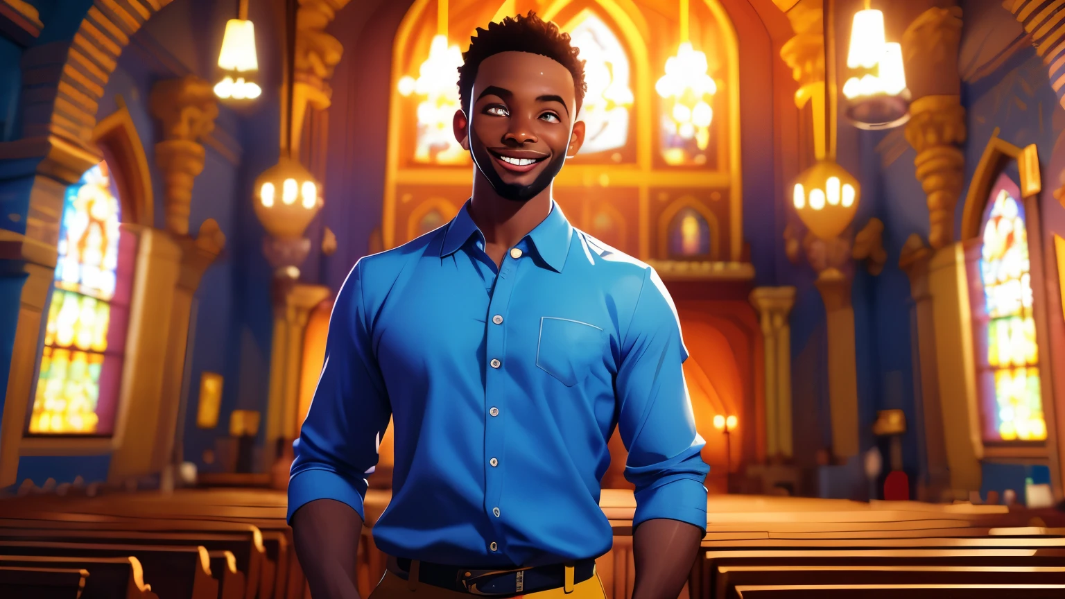 Two African Men standing inside a Church building, 3D Cartoon Vision, vibrant colors, comic style, portrait, happy, detailed facial features, joyous atmosphere, bright lighting, exaggerated features. [Lively background] [Detailed facial features] [Joyous atmosphere] [Bright lighting] [Exaggerated features]