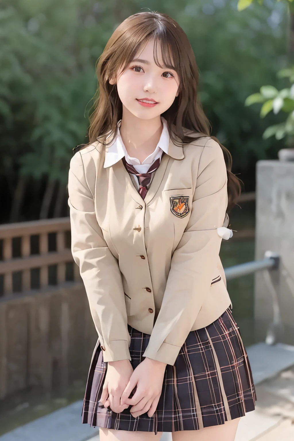 (((whole body)))，(((Are standing:1.3)))，「(((school uniform)))」，gal，Idol，gravure，ultra high resolution, film grain, movie, 1 girl, looking at the viewer, natural skin texture, Realistic eye and face details, full lips, lipstick, (compensate), ((red eyeshadow)), looking at the viewer(camera)，8k, japanese girl, 1 girl, perfect face, perfect body, perfect fingers, 完璧な二本feet, big smile，(((very big eyes)))，double eyelid，height: 150cm，soft expression，20-year-old,，small face，fluffy long hair, messy hair, beautiful feet, short woman, slim_feet, alone, huge breasts, blurred background,brown hair, , bangs, parted lips, lips, Depth of written boundary，