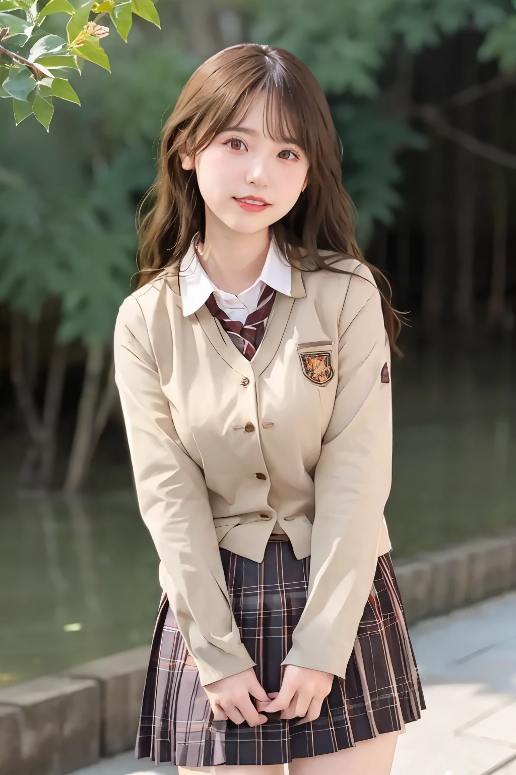 (((whole body))),(((Are standing:1.3))),「(((school uniform)))」,gal,Idol,gravure,ultra high resolution, film grain, movie, 1 girl, looking at the viewer, natural skin texture, Realistic eye and face details, full lips, lipstick, (compensate), ((red eyeshadow)), looking at the viewer(camera),8k, japanese girl, 1 girl, perfect face, perfect body, perfect fingers, 完璧な二本feet, big smile,(((very big eyes))),double eyelid,height: 150cm,soft expression,20-year-old,,small face,fluffy long hair, messy hair, beautiful feet, short woman, slim_feet, alone, huge breasts, blurred background,brown hair, , bangs, parted lips, lips, Depth of written boundary,