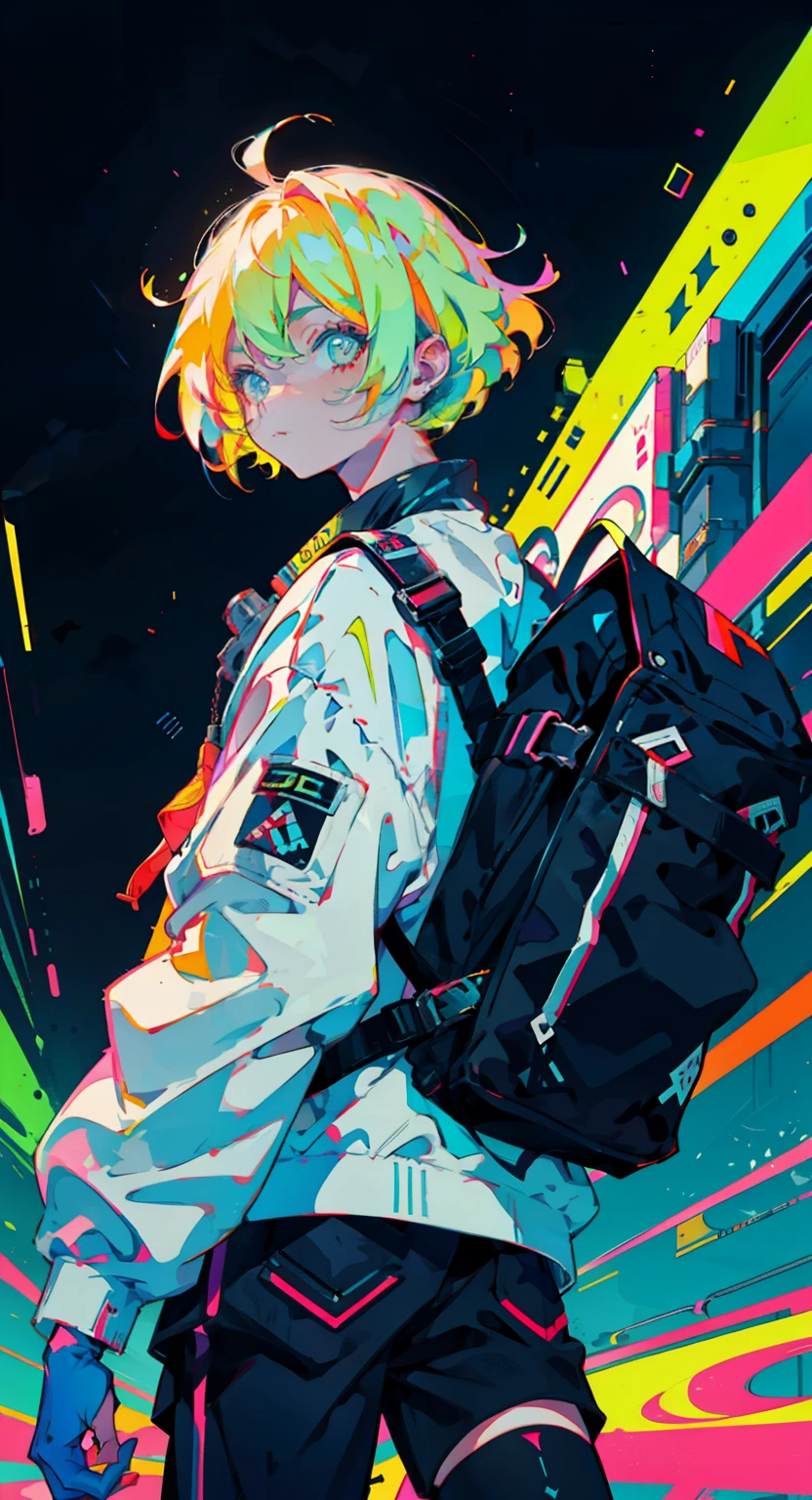 anime boy, neon colors, astronaut, flexible, talented, blond hair, etheareal, energetic, lively, grunge fashion, maniac