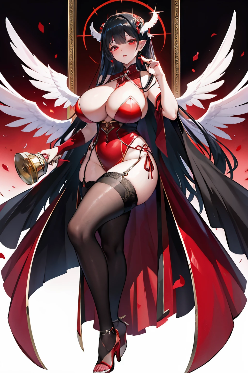 The enchanting image showcases a plus-size SUCCUBUS, clad in a stunning red and black full-length dress. With only her radiant face peeking out from the frame, she captivates the viewer's attention, devoid of any blemishes or imperfections. A single stocking-clad leg is crossed elegantly, revealing a towering heel. In one hand, she cradles a crimson cup filled with an elixir, while the other remains mysteriously concealed behind her figure. The angelic wings of ASAS DE ANJO (Red Angels) peek out from her back, contrasting her mesmerizing allure. The background is simpl