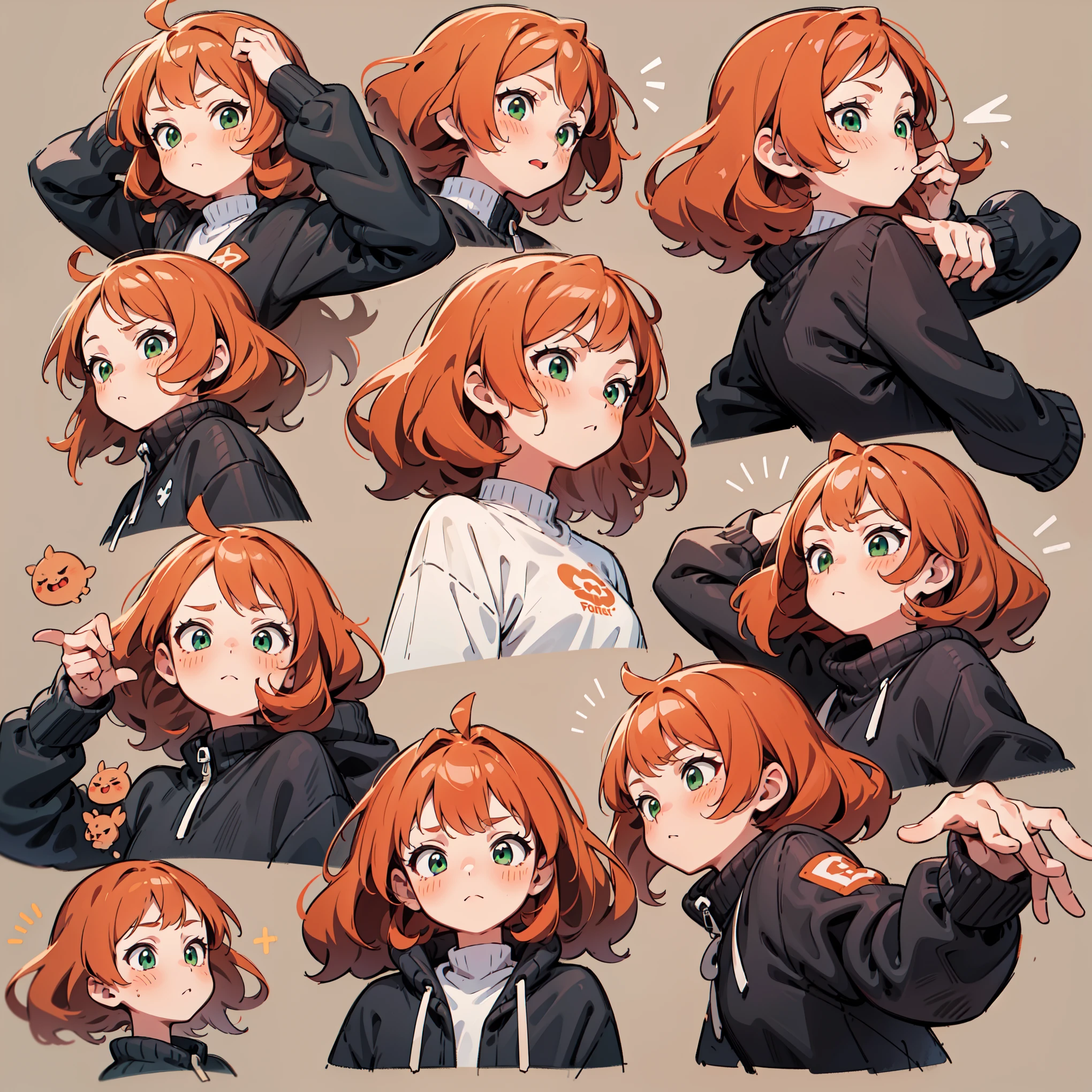 cute girl avatar pack, emoji pack, same girl, red-haired orange hair, long hair, green eyes, multiple poses and expressions, badass expression, white shirt, 4k, masterpiece, best quality, align arrangement