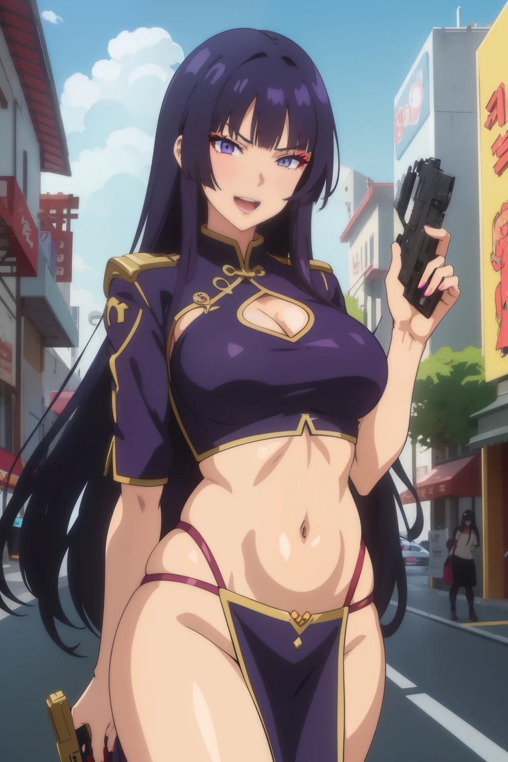 (highres, high quality:1.3), intricate details, vibrant image, sharpness, colorful, Aliya, mature female, 1girl, solo, purple hair, very long hair, lipstick, makeup, blue eyes, perfect eyes, detailed eyes, detailed hair, masterpiece, best quality, highly detailed, a anime girls in china dress with navel cutout holding a gun posing for a picture, navel cutout, crop top, china dress, ecchi anime style, evil smile, open mouth, smile, anime girls, ecchi style, ecchi, digital anime art!!, in anime style, official artwork, (nsfw) not safe for work, beautiful anime girl, anime style 4 k, pelvic curtain, exposed belly, exposed navel, exposed midriff, exposed lower belly, holding a gun, chinatown, outdoor,street,road  