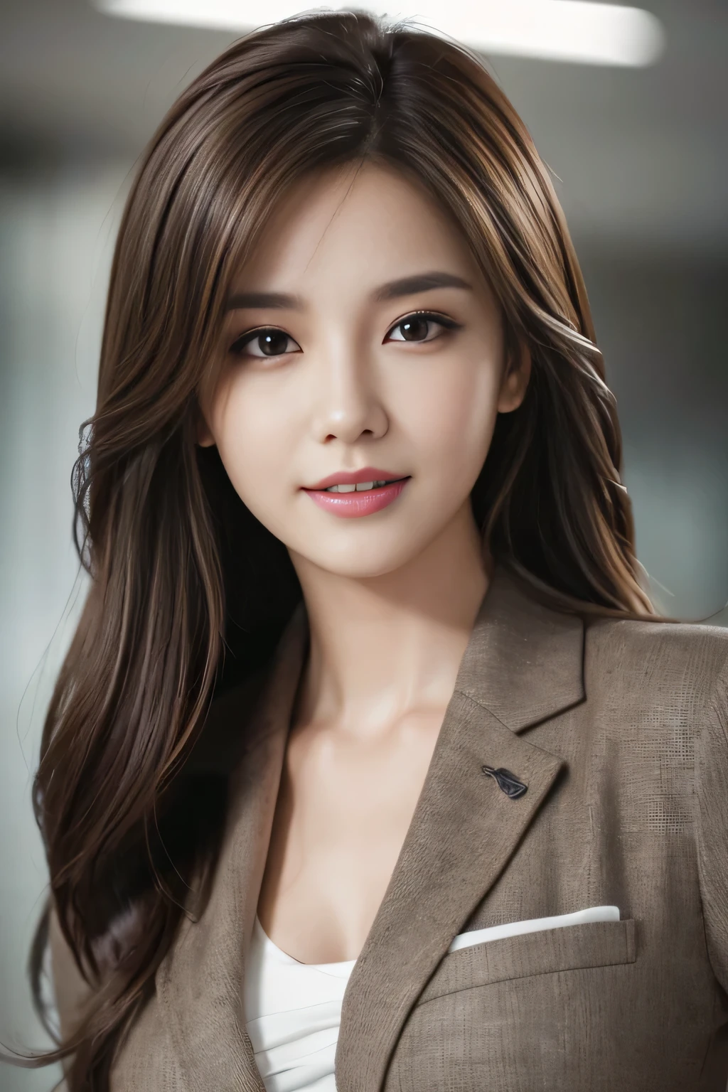 table top, highest quality, realistic, Super detailed, finely, High resolution, 8k wallpaper, 1 beautiful woman,, light brown messy hair, wearing a business suit, sharp focus, perfect dynamic composition, beautiful and detailed eyes, thin hair, Detailed realistic skin texture, smile, close-up portrait, model body shape