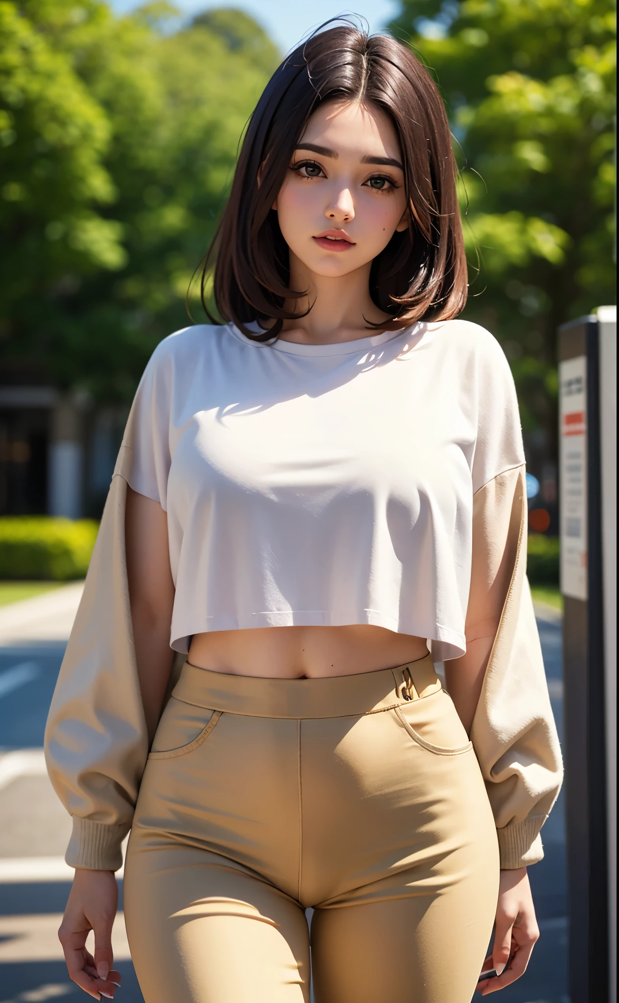 Mulher jovem de 20 anos, cabelos loiros, olhos azuis, rosto perfeito e detalhado, linda, usando uma blusa larga croppet preta, Beige Streetwear Pants, jaqueta colorida por cima do croppet, corpo perfeito, Standing character, dinamic pose, full view, melhor qualidade obra prima, riqueza de detalhes