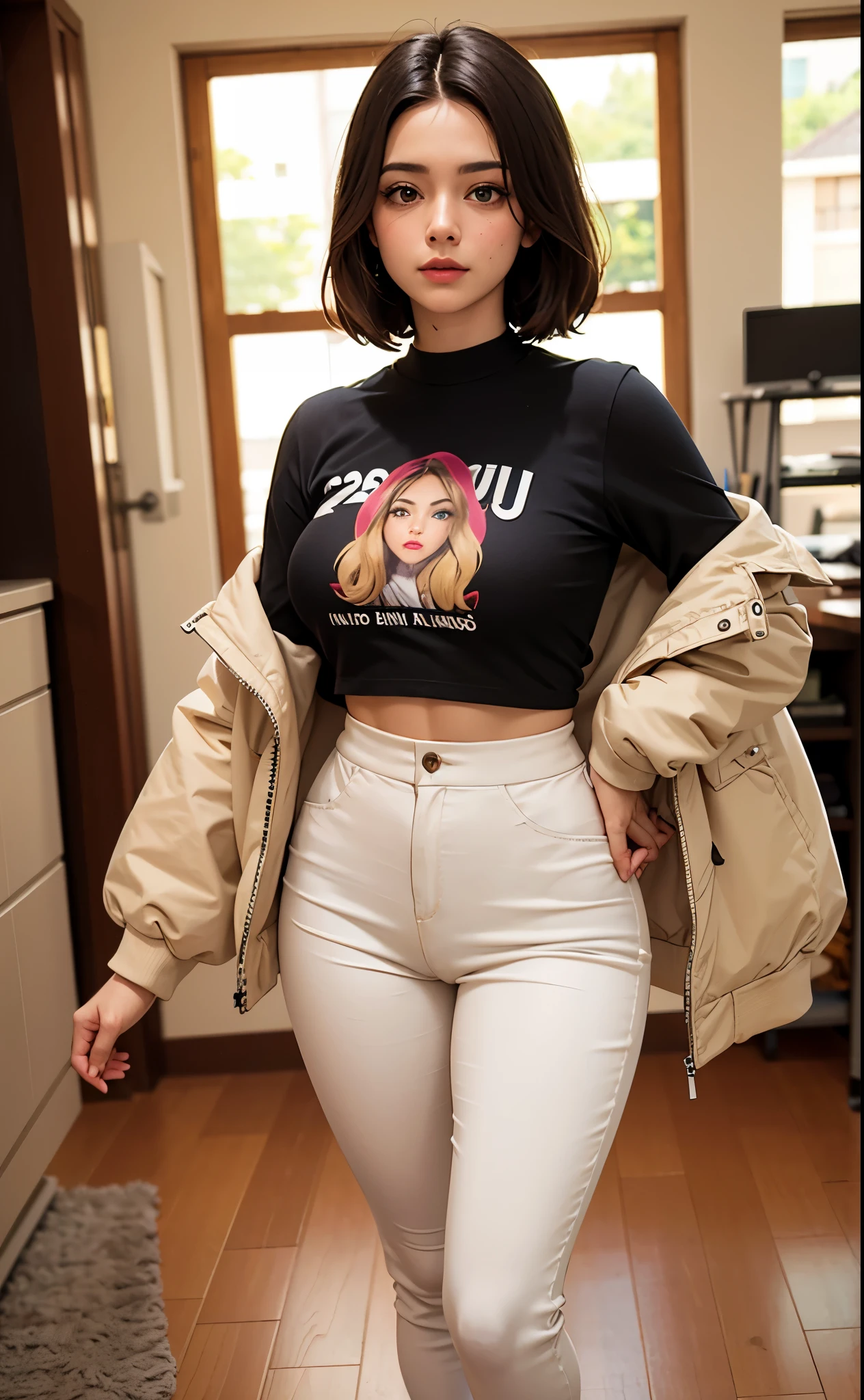 Mulher jovem de 20 anos, cabelos loiros, olhos azuis, rosto perfeito e detalhado, linda, usando uma blusa larga croppet preta, Beige Streetwear Pants, jaqueta colorida por cima do croppet, corpo perfeito, Standing character, dinamic pose, full view, melhor qualidade obra prima, riqueza de detalhes