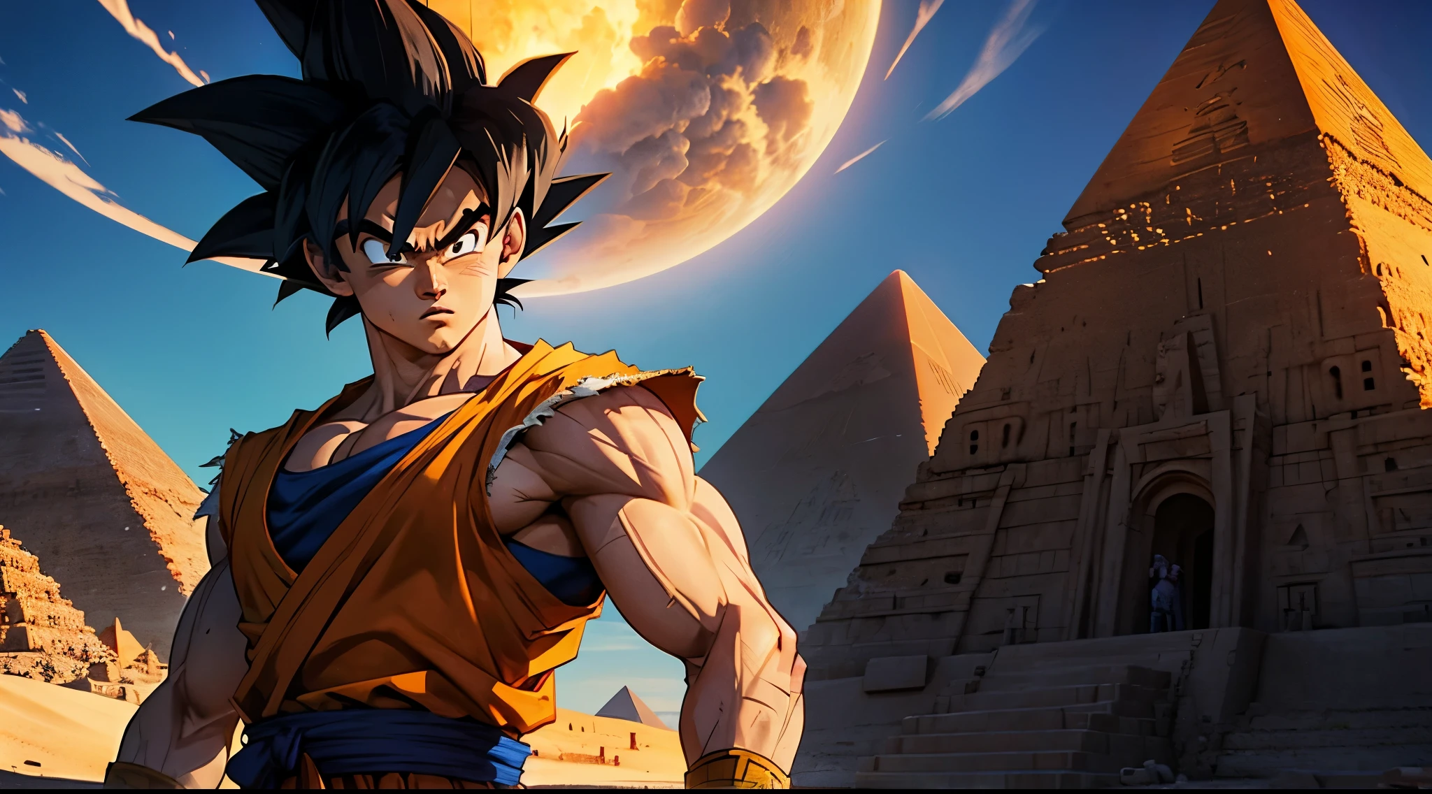 Goku looking fierce with a scar on his face and the egyptian pyramids behind him