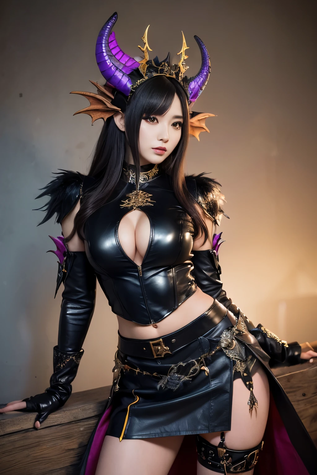 ( absurdly , high quality , Super detailed,See photographer ), black dragon queen,(Detailed and beautifully colored dragon costume,Tight Leather,skirt)