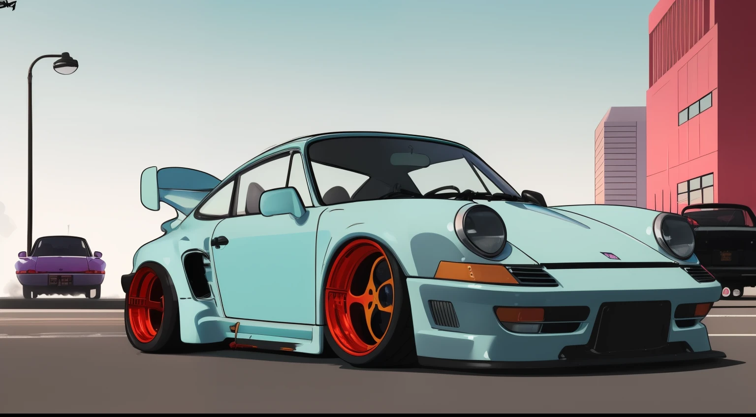 nvinkpunk, painting of a city with a pastel colored  Porsche 911 rwb rotting,wide bodykit, large wheels, high quality,