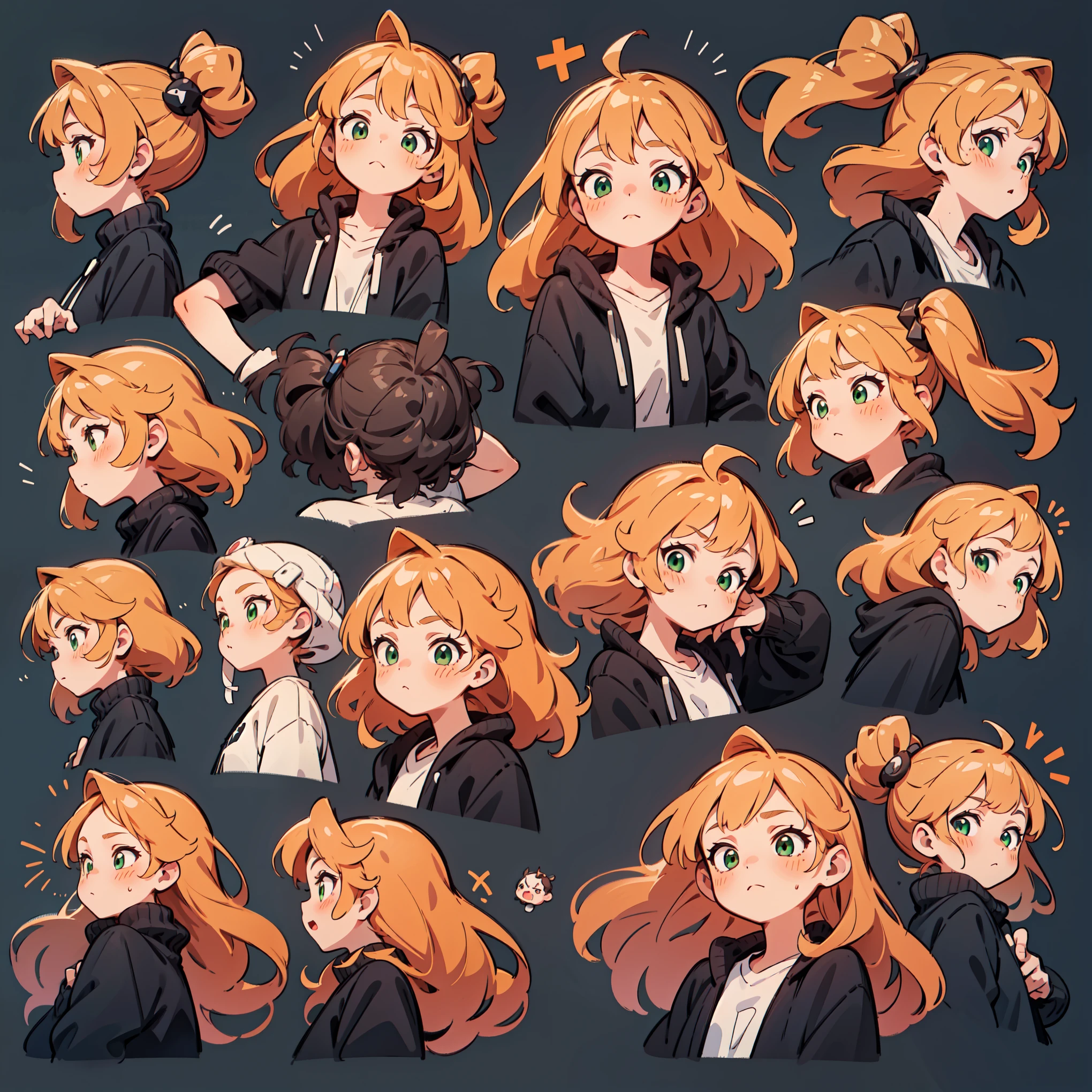 cute girl avatar pack, emoji pack, same girl, orange hair, long hair, green eyes, multiple poses and expressions, white shirt, 4k, masterpiece, best quality, align arrangement