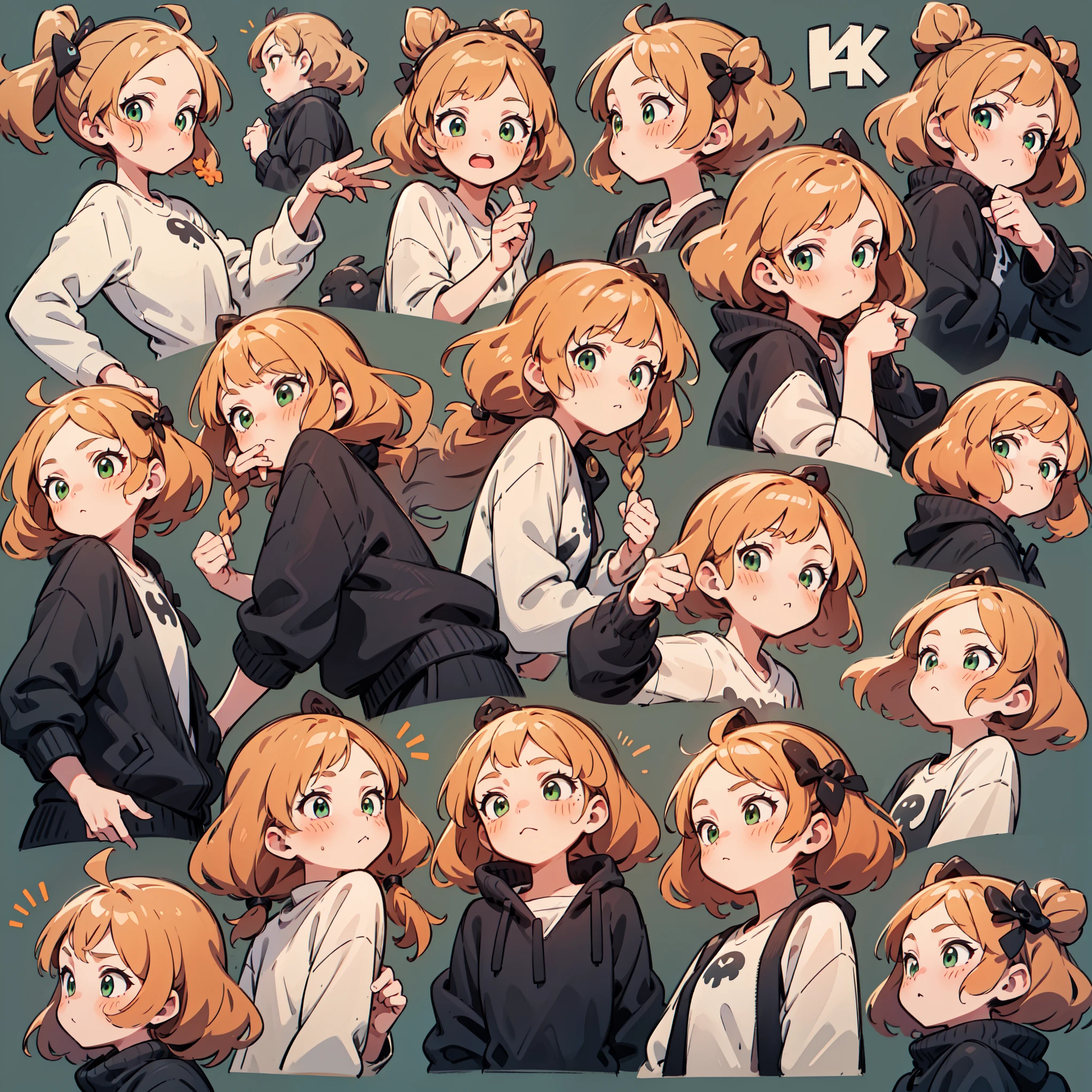 cute girl avatar pack, emoji pack, same girl, orange hair, long hair, green eyes, multiple poses and expressions, white shirt, 4k, masterpiece, best quality, align arrangement