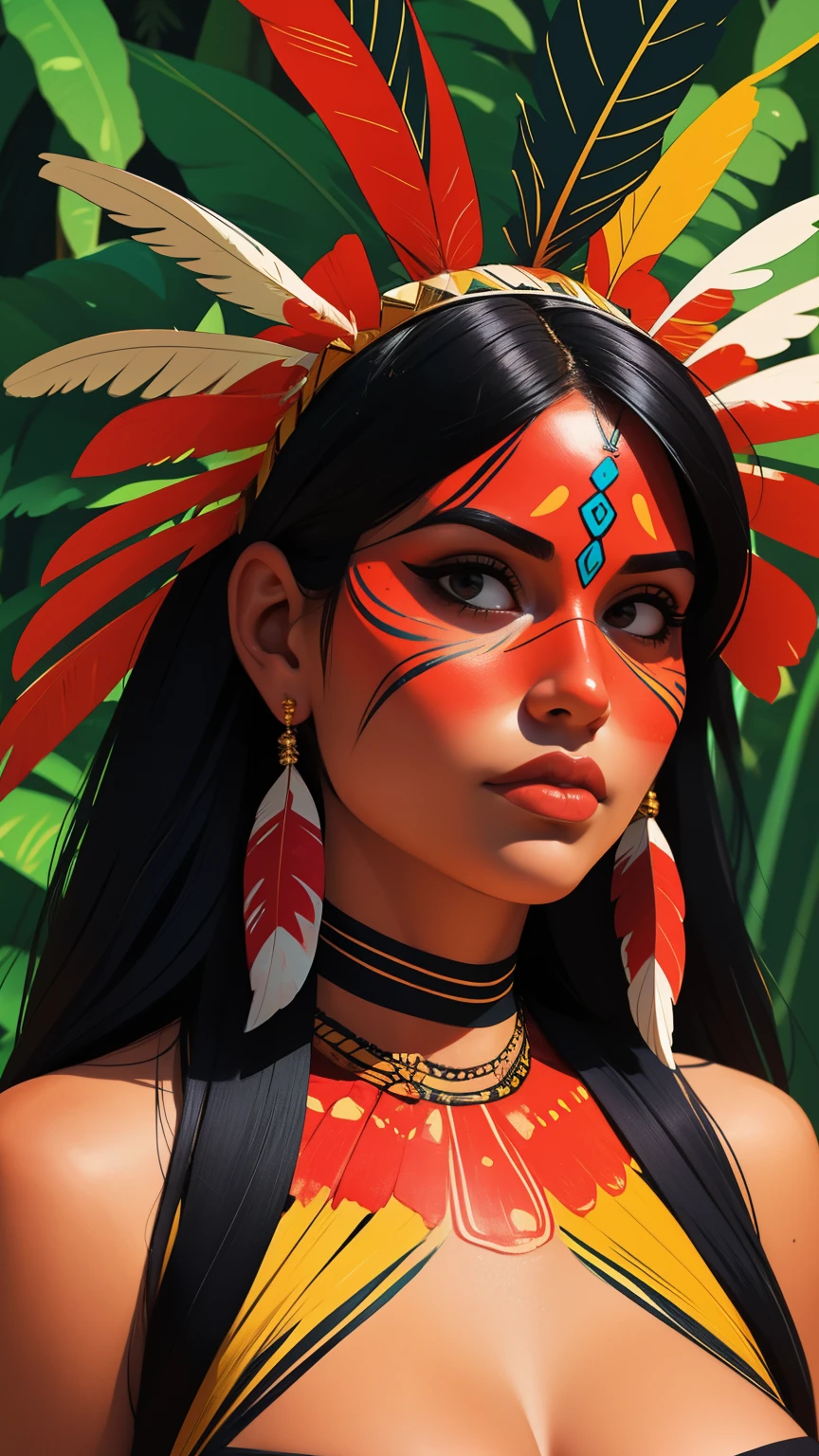 Comic art, digital paint. A beautiful indigenous girl in native with feathers and feathers on her head, amazon indian peoples in brazil, beautiful young female brazilian Native girl, paint face, hot body, Yanomami Indian in typical costumes,High quality. Amazonia forest and river Background. vivid colors, cinematic lighting. detailed, intricate, detailed face.