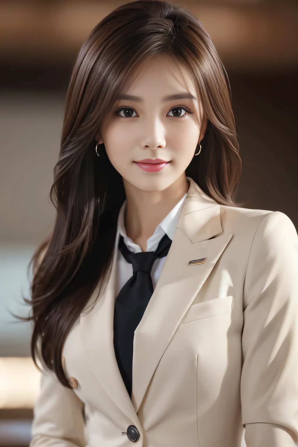 table top, highest quality, realistic, Super detailed, finely, High resolution, 8k wallpaper, 1 beautiful woman,, light brown messy hair, wearing a business suit, sharp focus, perfect dynamic composition, beautiful and detailed eyes, thin hair, Detailed realistic skin texture, smile, close-up portrait, model body shape